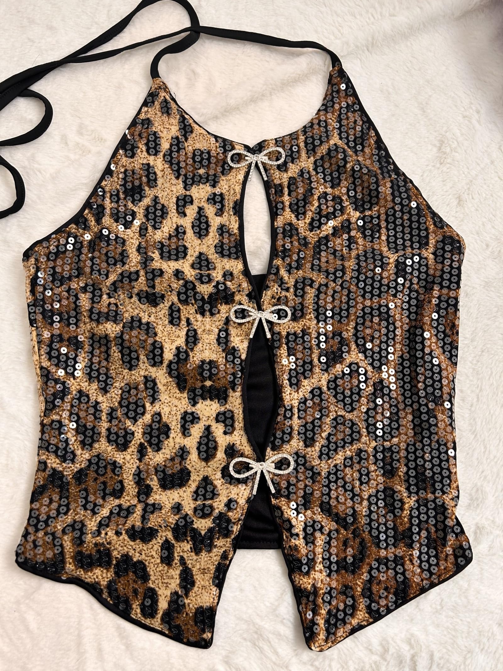 Top A Fascia con Stampa Leopardata e Paillettes Per Donna, Con Schiena Scoperta Fiocco Sul Davanti e Dettagli Glitterati Perfetti Per Feste E Serate