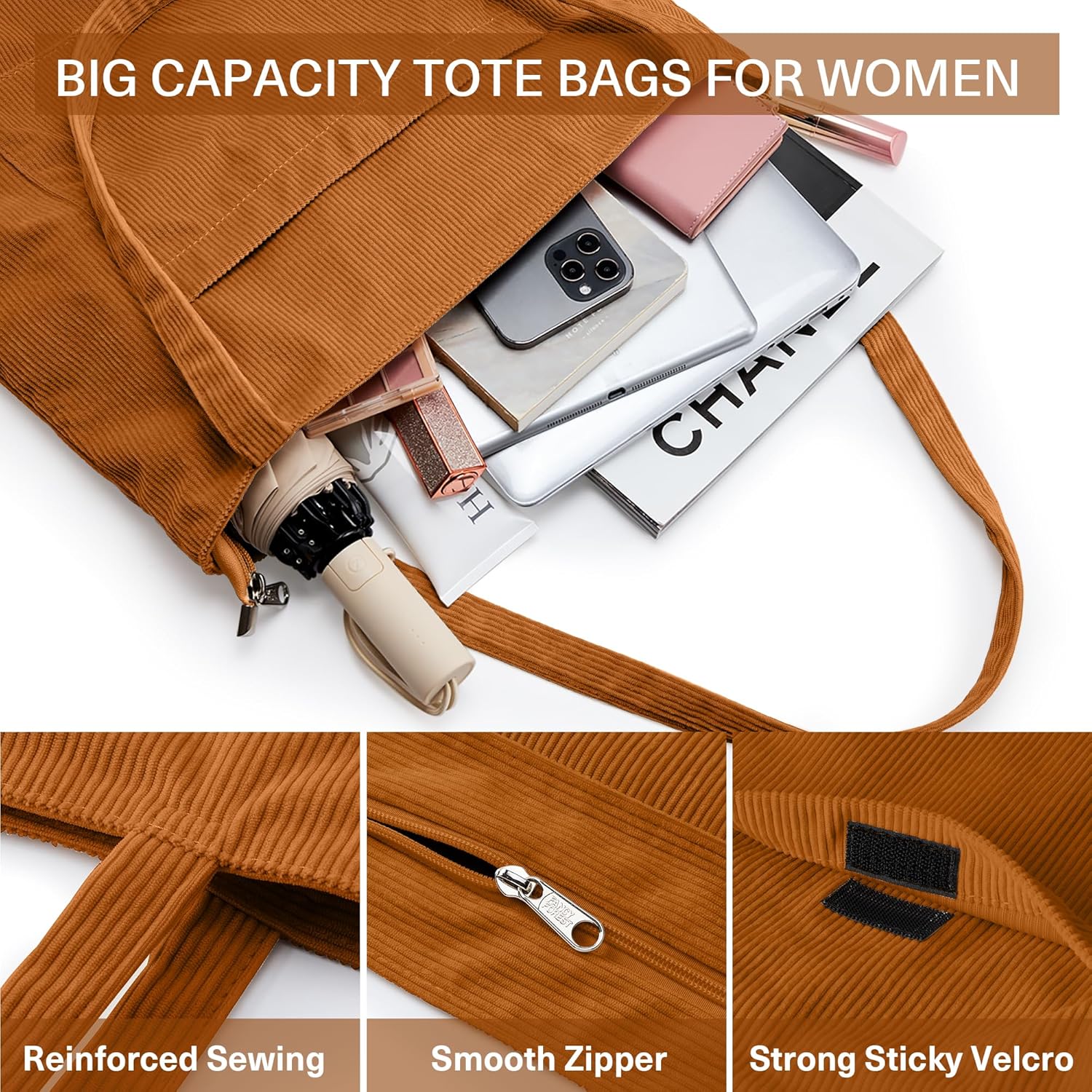 KALIDI Women Corduroy Tote Bag Large Shoulder Tote Bag with Zipper Pocket Casual Hobo Handbag Big Capacity Shopping Work Bag - Image 5