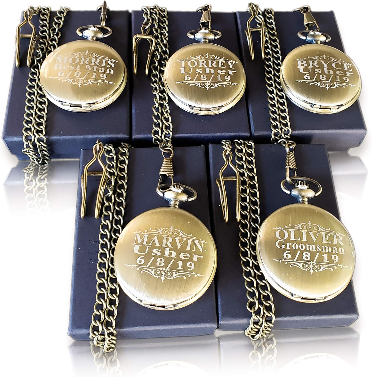 8 Engraved Pocket Watches Custom Fitted Box Included, Buckle Chain, Engraving Included. Pocket Watch, Battery Included, Assorted Colors Set of 8