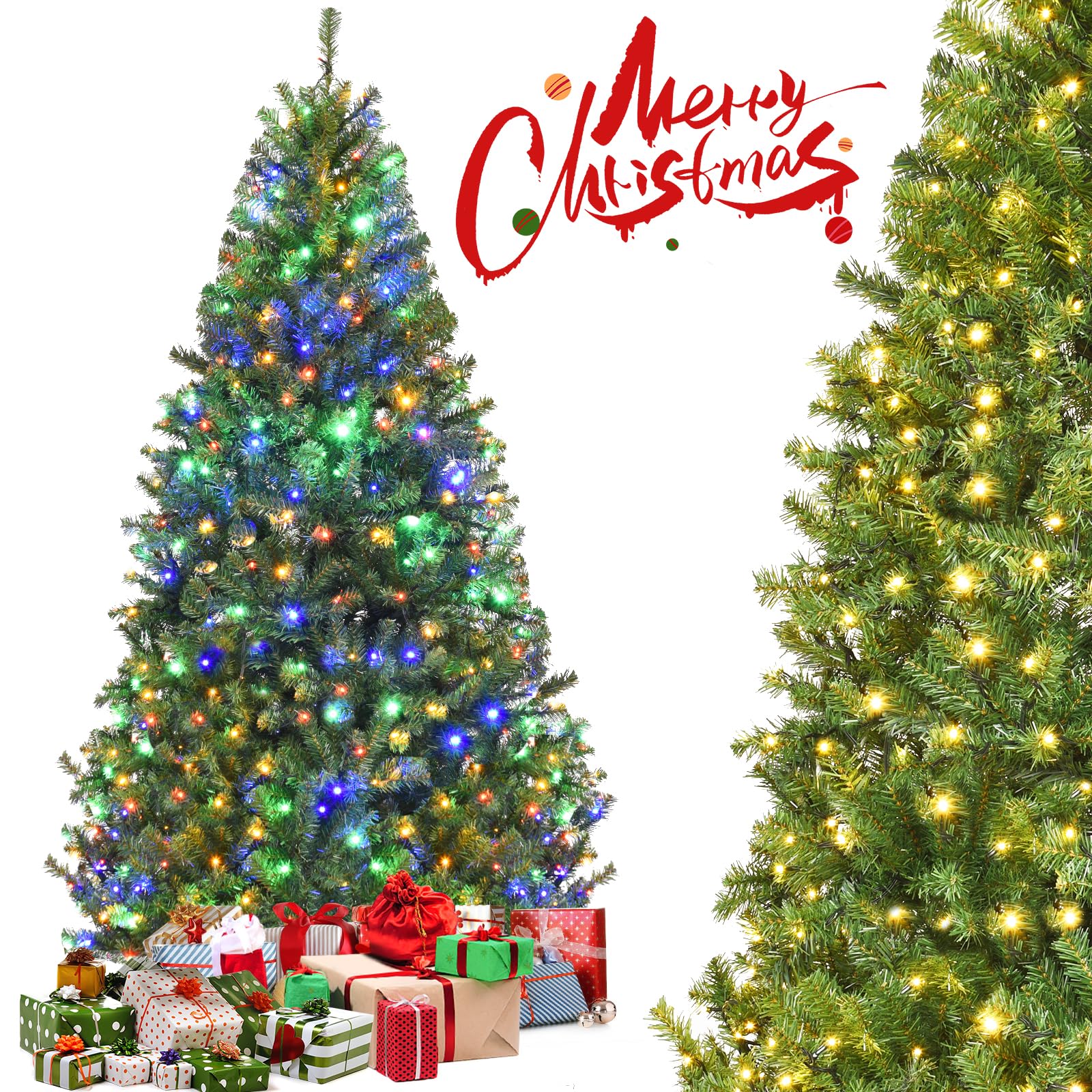 GYMAX Sapin de Noël Artificiel 180cm Lumineux LED, 2 Modes d'Éclairage, Lumières Multicoloré et Blanc Chaud, 1000 Branches Réalistes Touffu Vert