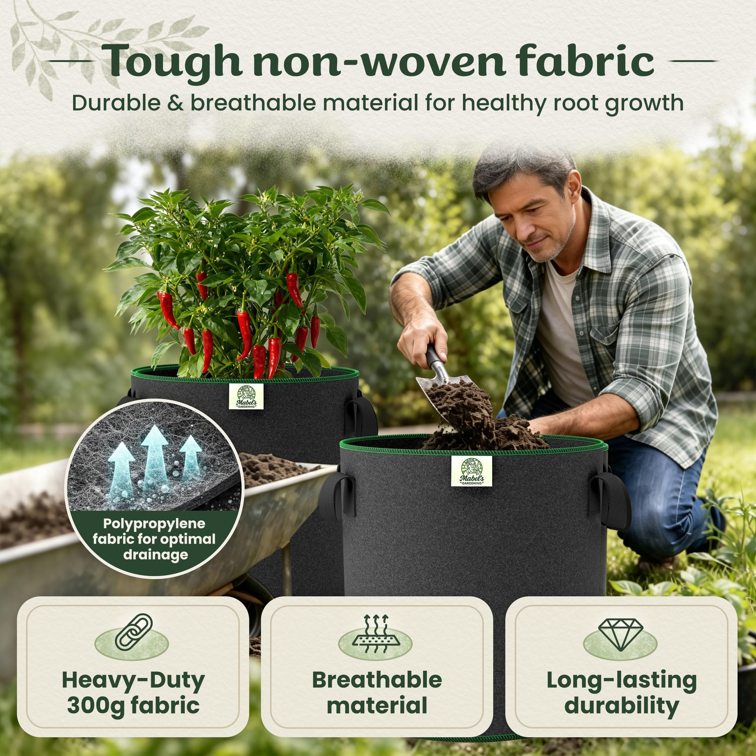 Mabel's Gardening - Confezione da 10 sacchetti per coltivazione da giardino da 300 g/m², in feltro e tessuto non tessuto, 45 x 35 cm, per zucca, patate, pomodori
