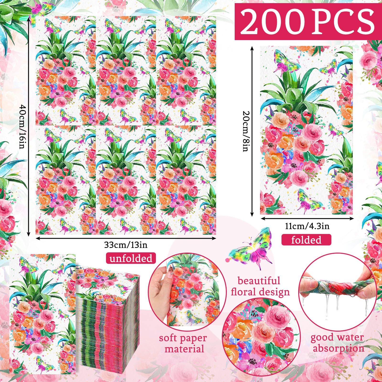 Epakh 200 servilletas de papel desechables de 2 capas con diseño floral de piña, toallas de mano decorativas para baño, boda, fiesta de verano, vacaciones, 7.9 x 4.3 pulgadas
