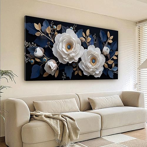 Miniatura 1 de Trogonup Lienzo decorativo de pared con flores blancas y azules para dormitorio, decoración de pared botánica dorada moderna para sala de estar,