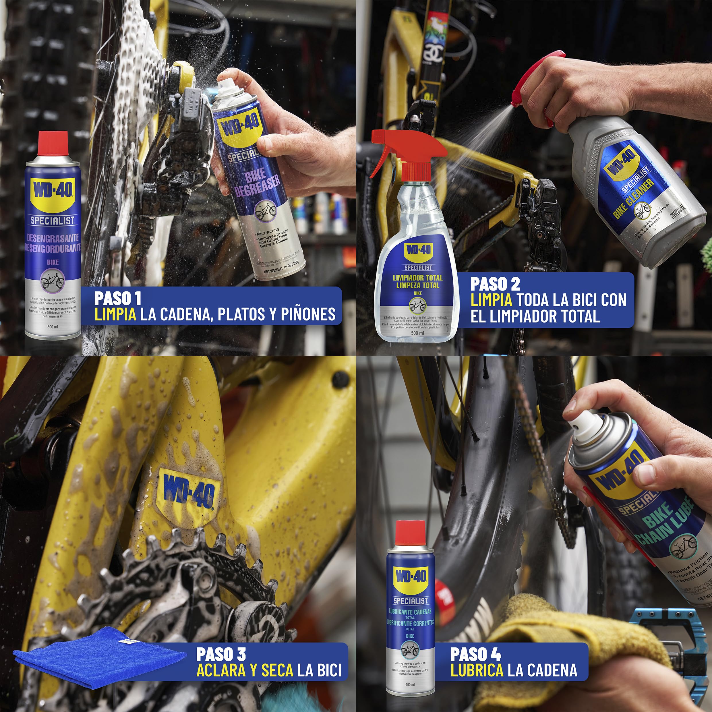 Kit Total para Mantenimiento de bicicletas WD-40 Specialist (Desengrasante + Limpiador Total + Lubricante Total + Paño + Guantes)