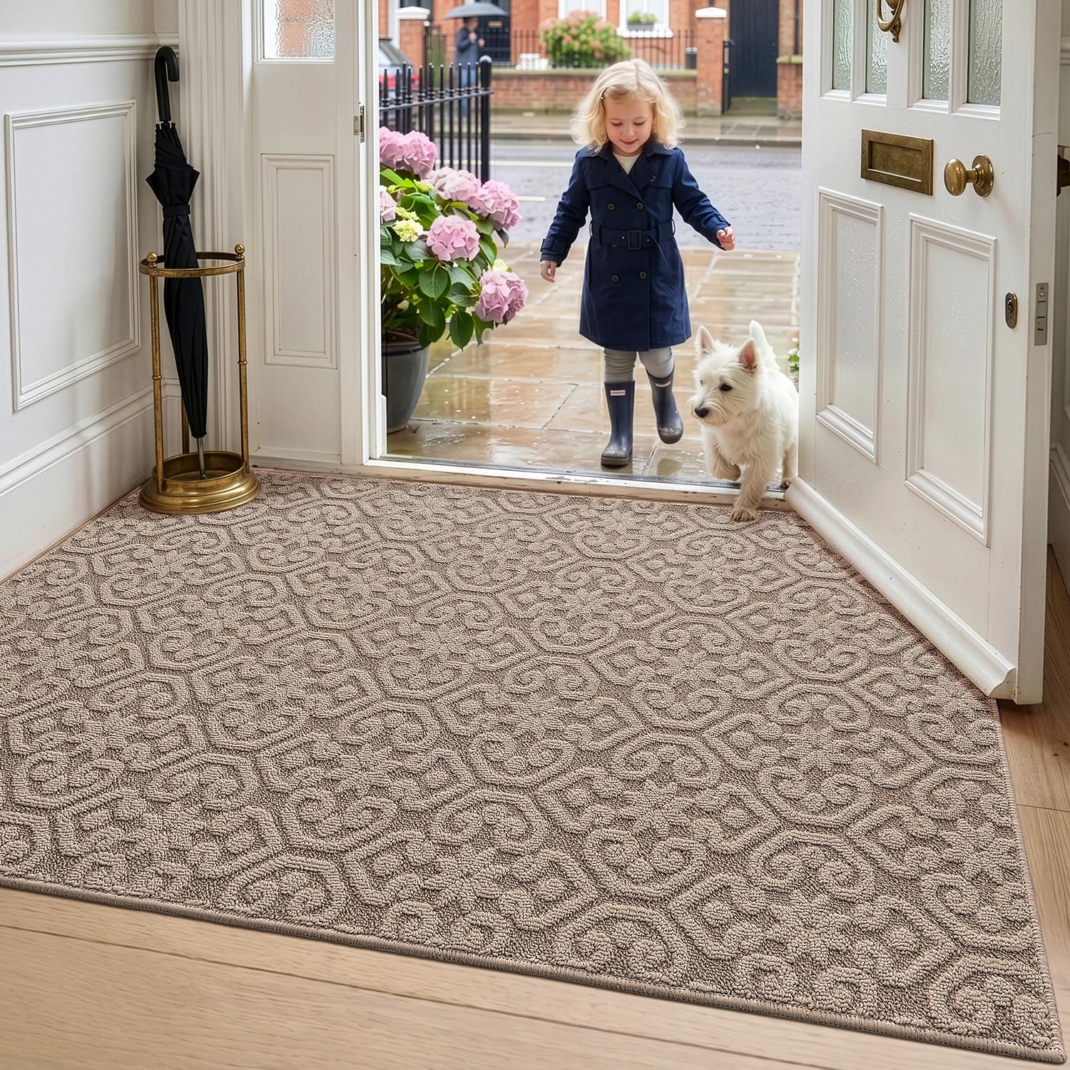 DEXI Schmutzfangmatte 90 x 150cm, rutschfest Fußmatte Innen, waschbarer Fussmatte, absorbierend Türmatte für Eingang, Haustür, Patio, Flur, Beige