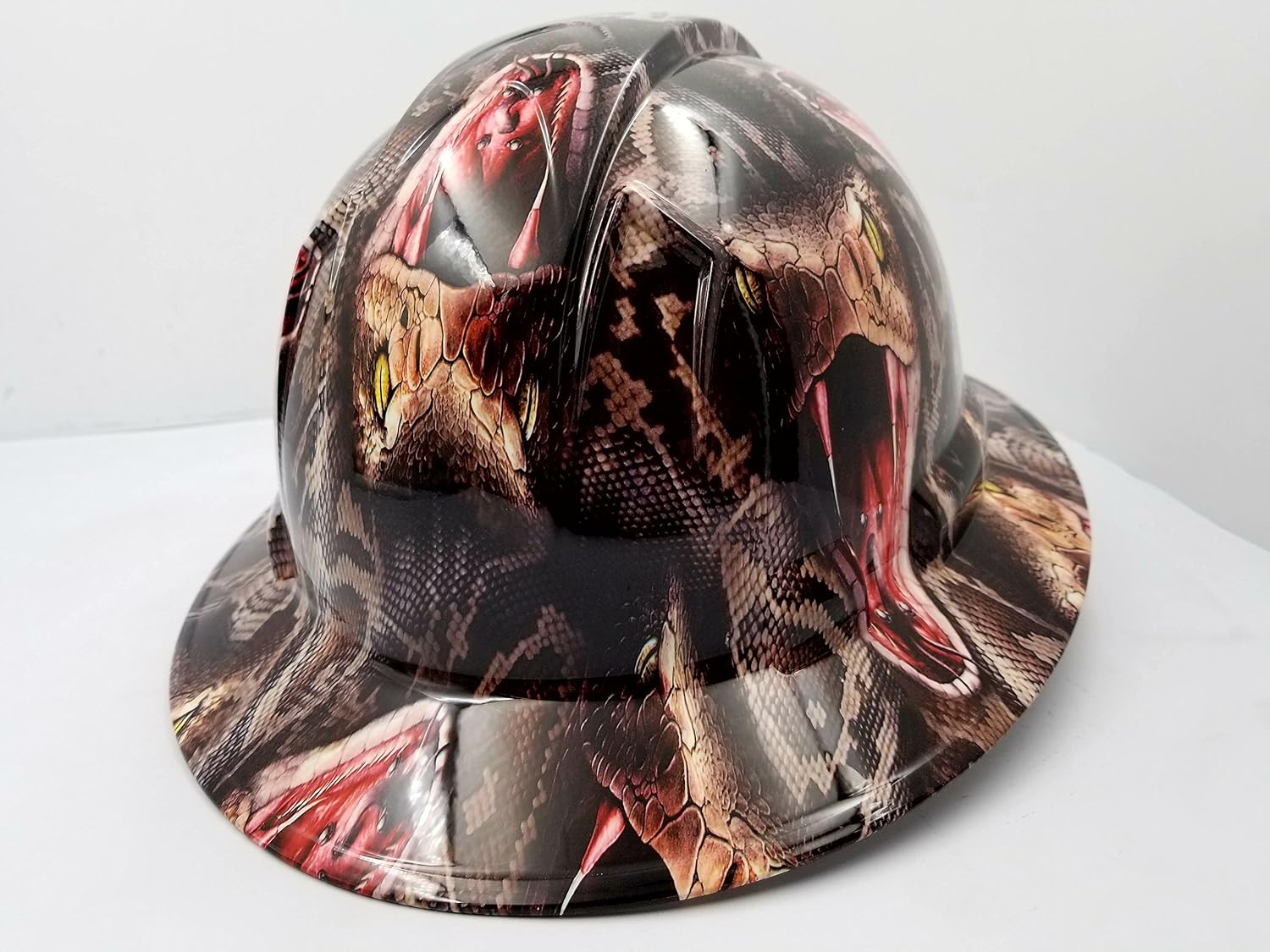 Wet Works Imaging Customized Pyramex Full Brim Snake BITE Pit Viper Hard HAT with Ratcheting Suspension Custom LIDS Crazy Sick Construction PPE
