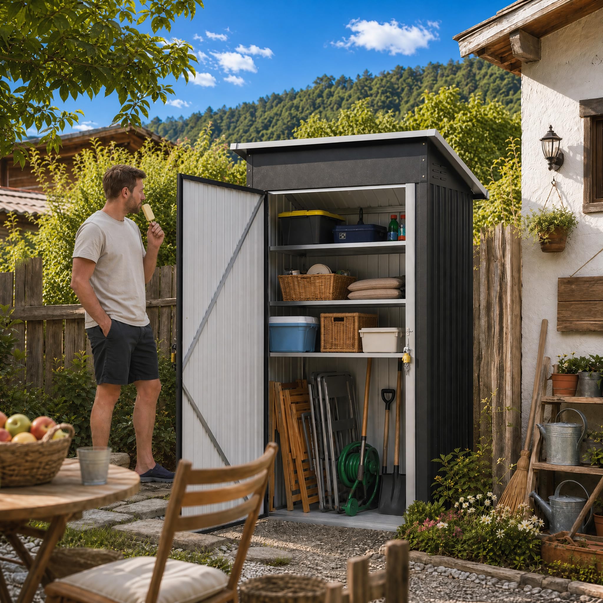 UISEBRT Metall Gerätehaus 1.5 m³ 108x91x185 cm,wetterfester Geräteschuppen mit Schrägdach & Belüftungsöffnungen,abschließbarer Gartenhaus für Gartengeräte, Werkzeuge & Sportartikel,Schwarz