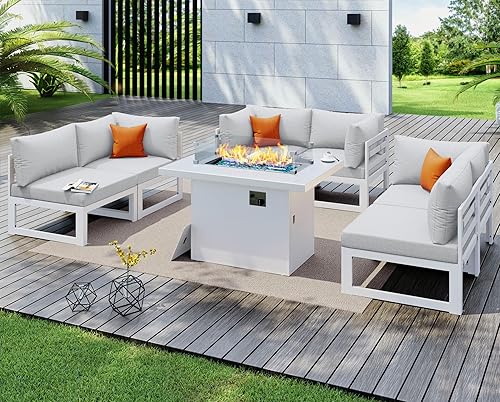 Miniatura 789 de NICESOUL 7 Piece White Powder-Coated Aluminum Patio Furniture with Fire Pit Table, 29 Inch Extra Wide Outdoor Sectional Sofa for 6, High-End Heavy