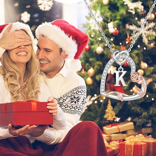 Miniatura 8 de Iefil Collares de corazón de rosa, regalos para mujer, collares de plata de ley 925 con inicial de corazón, regalos de cumpleaños de aniversario,