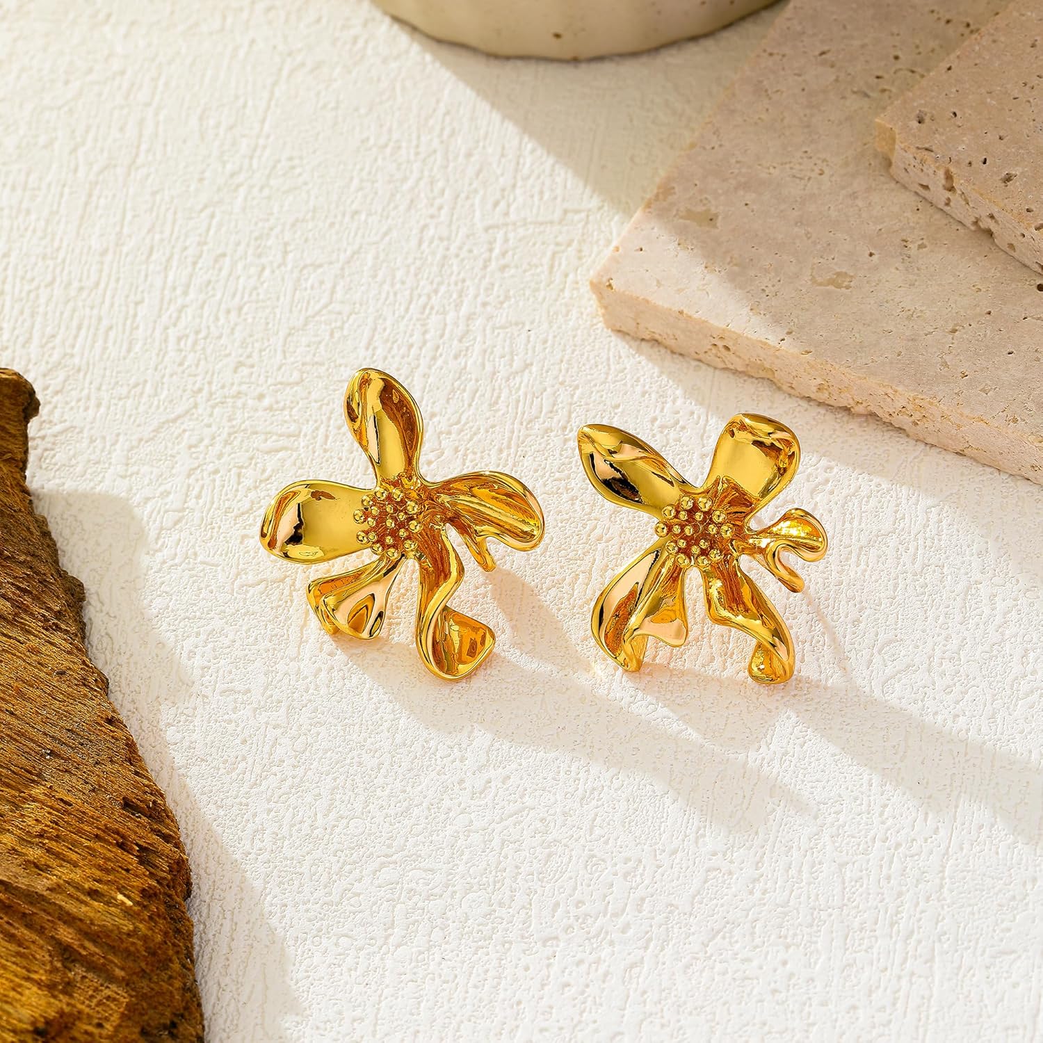 14K Gold Plated Flower Earrings for Women, Trendy Blossom Statement Earrings Chunky Floral Hypoallergenic Cute Jewelry Gifts for Her - Image 2