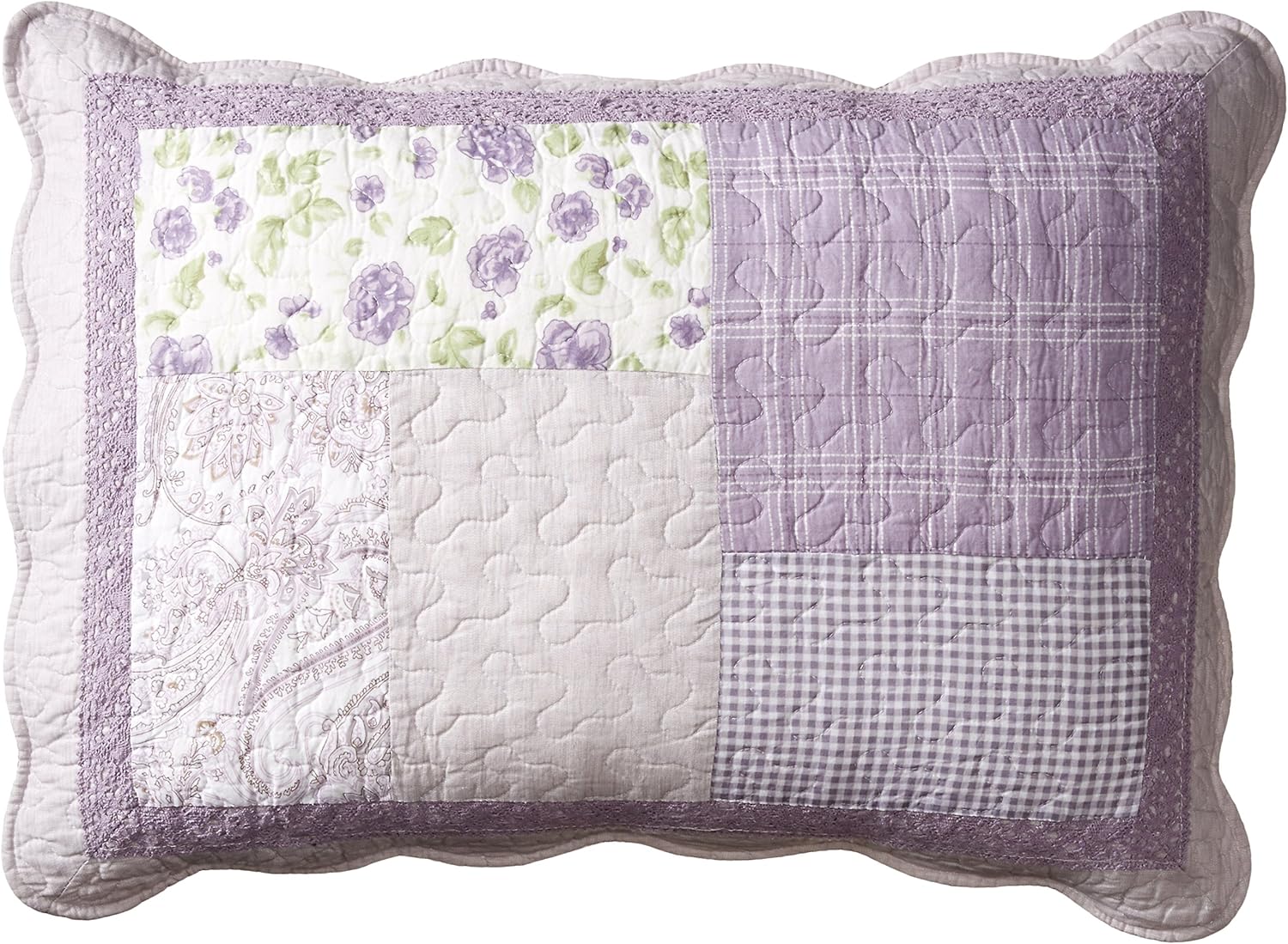 Donna Sharp Cotton Pillow Sham - Lavender Rose Contemporary Decorative Pillow Cover with Patchwork Pattern - Standard