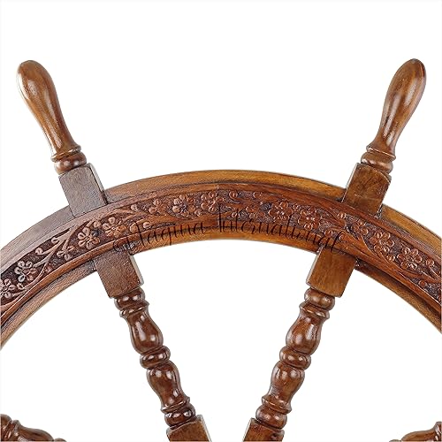 Miniatura 5 de Rueda de barco de madera de pirata náutico con diseño floral tallado a mano grabado en todo el perímetro  Escultura colgante y decoración  Ideas de