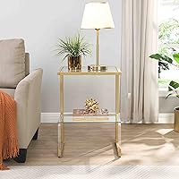 Vista 3 de Mesa auxiliar de acrílico dorado para dormitorio, sofá de vidrio templado de 2 niveles, mesita de noche de almacenamiento pequeña con marco de metal