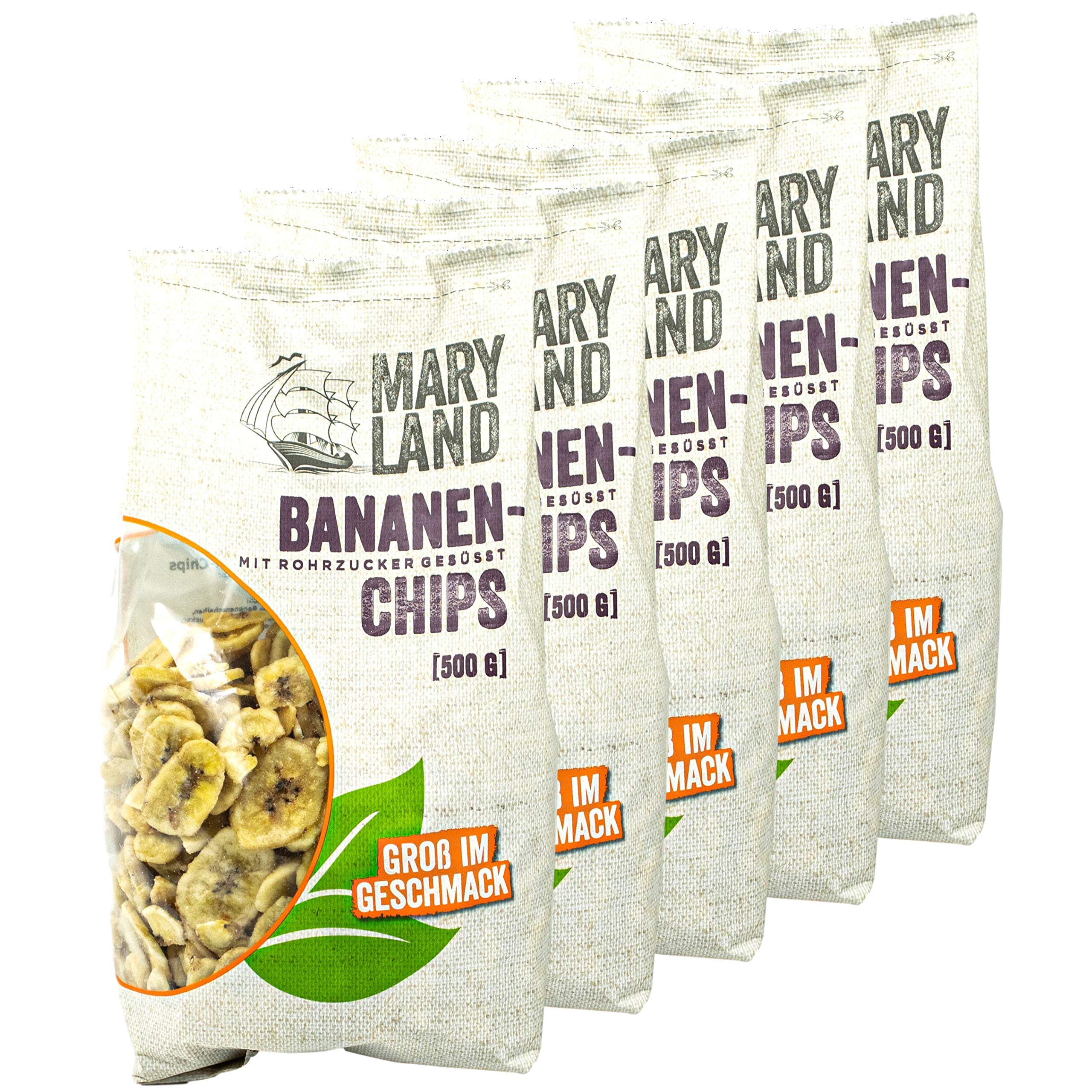 Maryland - 5er Set Bananenchips mit Rohrzucker gesüßt in 500 g Packung - Bananenscheiben getrocknet & geröstet ideal für Müsli, Süßspeisen, als Topping oder zum Backen - (Bananen Chips gezuckert)