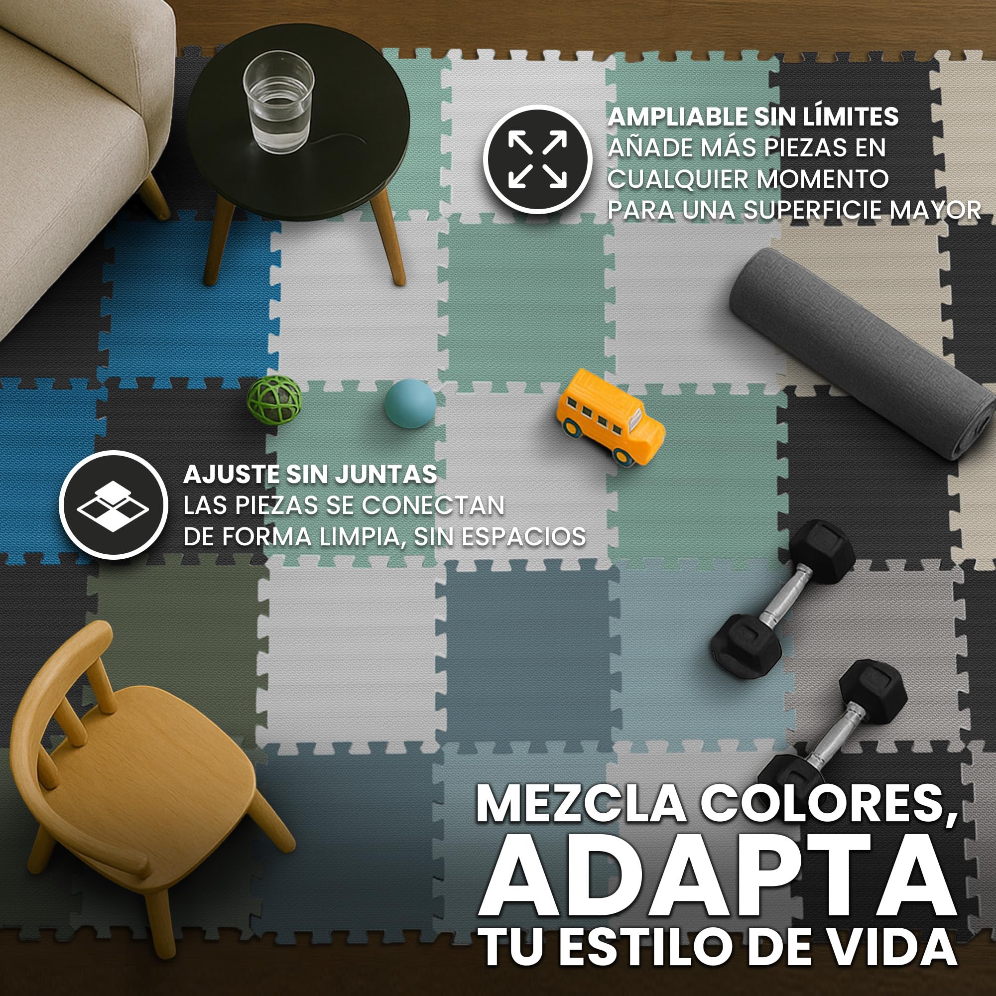 Esterilla Fitness Puzzle para Suelos de Gimnasio | Set de Protección Goma Espuma Losas Caucho para Máquinas de Deporte, Alfombrilla Protector Expandible Tatami Tapiz Alfombra Colchonetas Pesas Gym