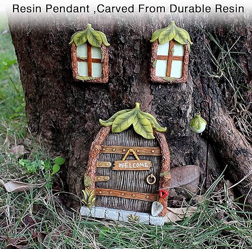 Miniatura 4 de Ventana y puerta de casa de hadas de gnomo en miniatura para árboles, brilla en la oscuridad, escultura de jardín, adorno de césped, decoración de