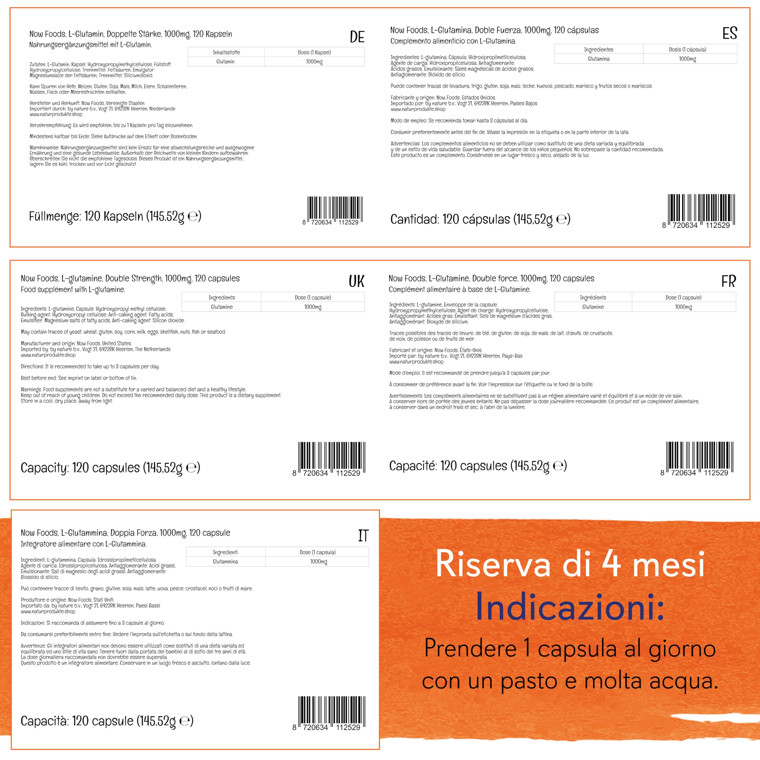 Now Foods, L-Glutammina, Doppia Forza, 1.000 mg, 120 Capsule, Testato in Laboratorio, Aminoacido, Senza Glutine, Senza Soia, Non OGM