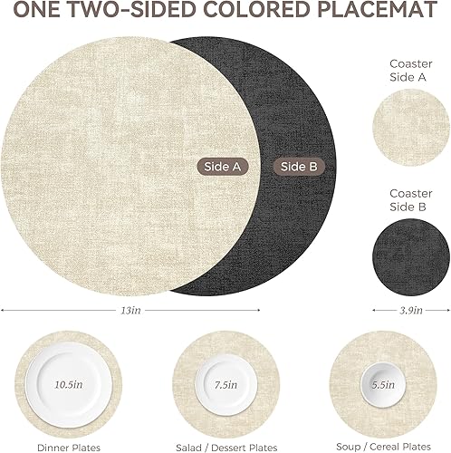 Miniatura 4 de Juego de 6 manteles individuales redondos de doble cara, lavables de piel sintética resistentes al calor, manteles individuales lavables a prueba de