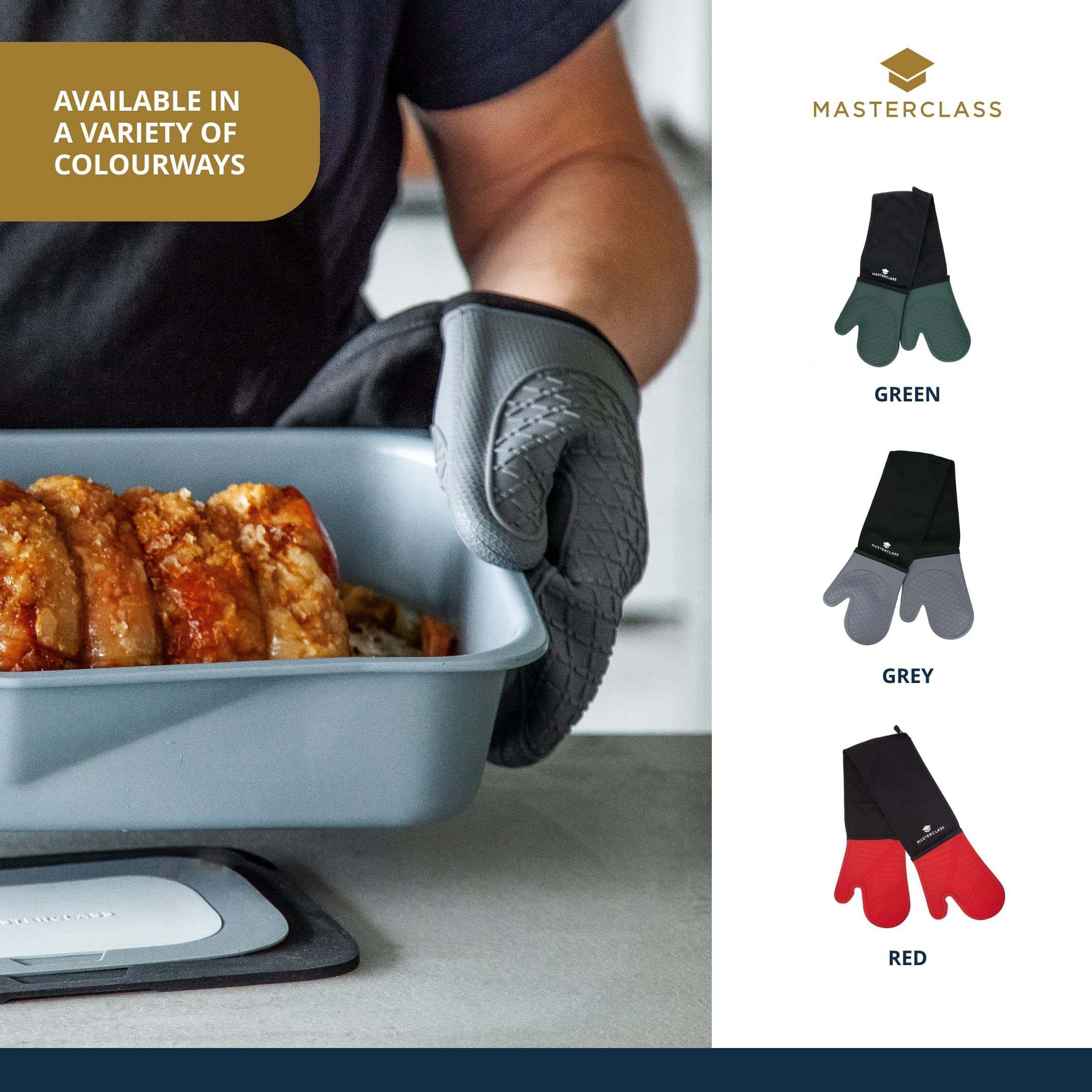 MasterClass Guantes de Silicona Impermeables para Horno, Extra Seguros con Agarre Antideslizante y Manga de Tela