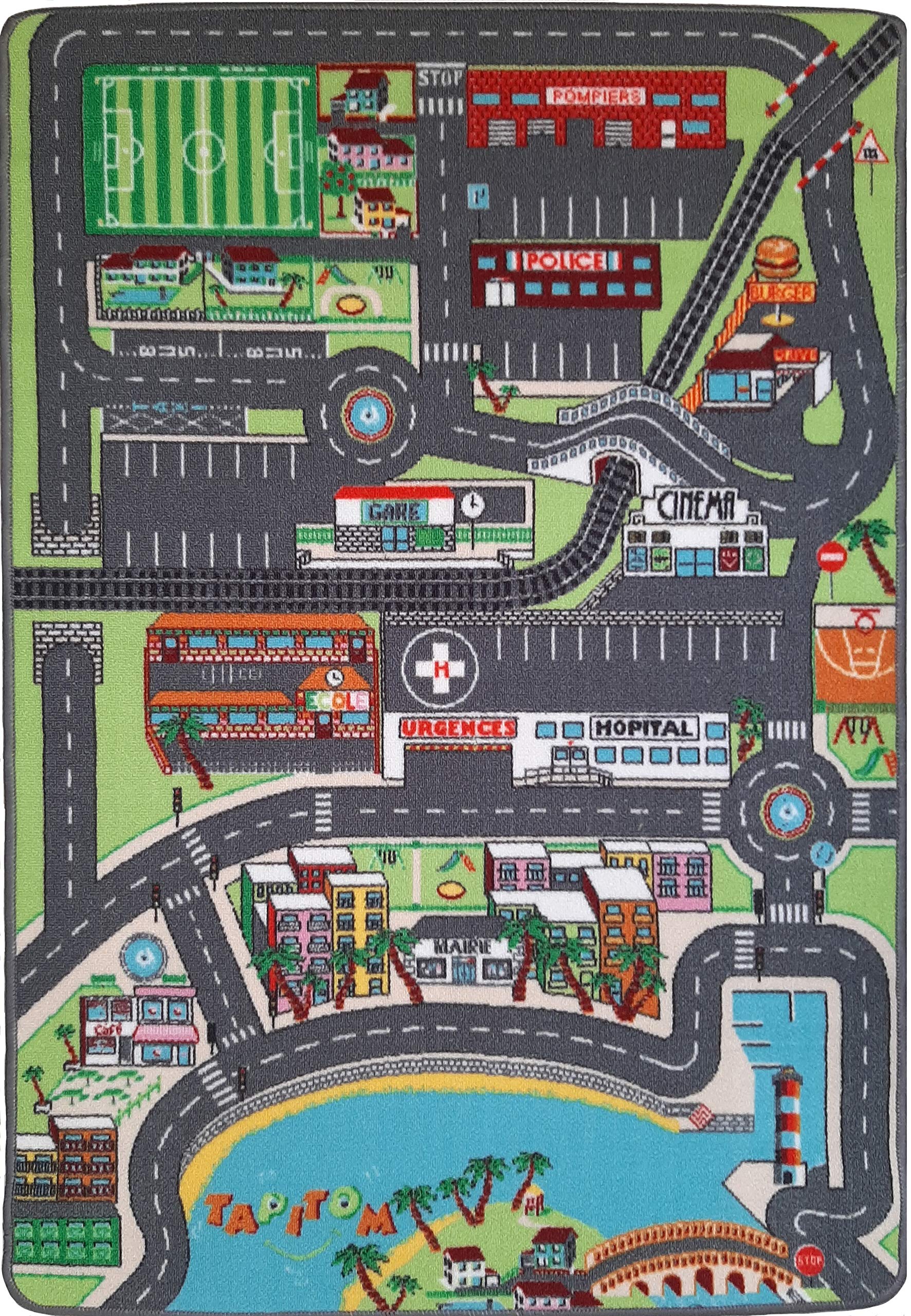 TAPITOM | Alfombra de Coche en la Ciudad - 95 x 133 cm | Alfombra de Juego de Carretera | Alfombrilla Circuit para habitación Infantil | Dobladillo Antideslizante | Normas CE