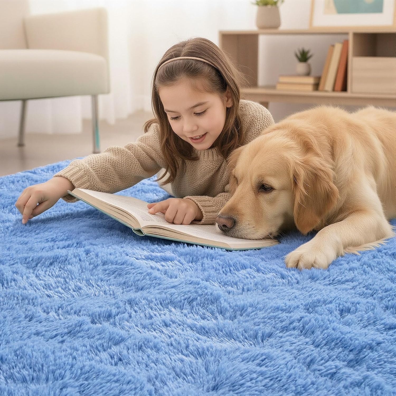Keeko Fluffy Blue Area Rugs for Bedroom Kids Room, 4x5.3 Cute Shag Fuzzy Baby Rugs Living Room Ultra Soft Furry Carpet Indoor Bedside Rug for Teen Boys Girls Nursery Dorm Decor