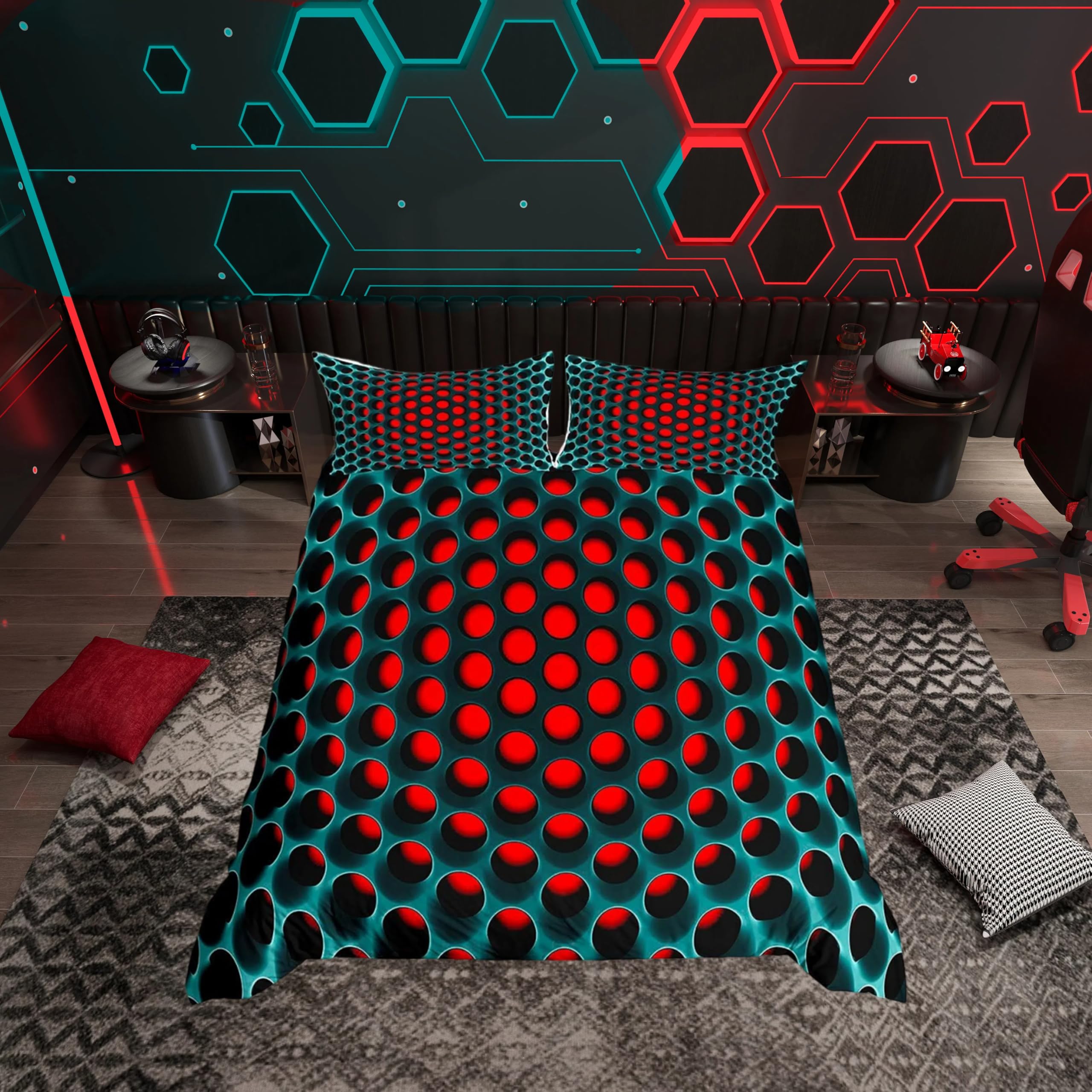 Homemissing Boys Multicoloured 2 3D Honeycomb Bedding Set Geometric Men Duvet Cover Set For Kids Teens Three-Dimensional Honeycomb Bedding & Linen Lifelike Stereoscopic Dense Hole Teal Blue Red Bedding & Linen 2 Pcs Single