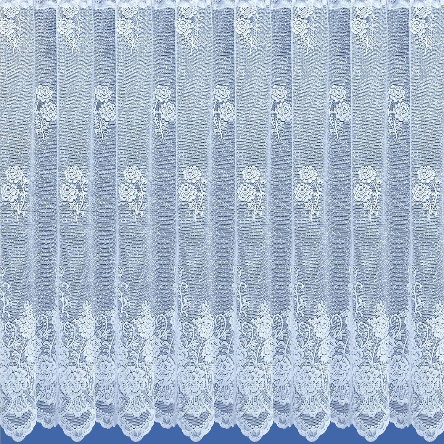 Kellyuk White Rose Floral Pattern Traditional Jacquard Net Curtain With Scalloped Bottom. 48Inch (122Cm) Drop. Sold By The Metre By Kelly's Soft Furnishings