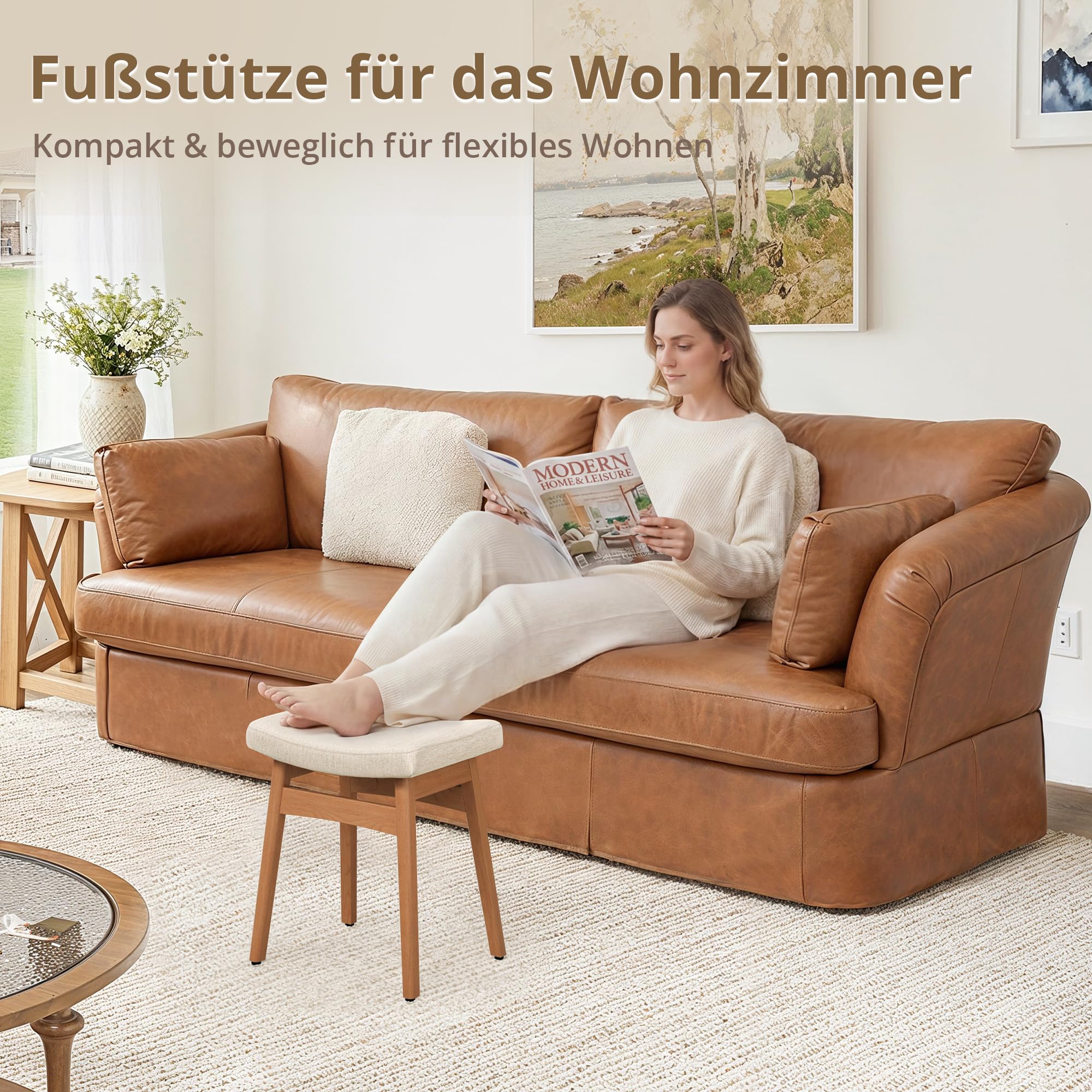 LUE BONA Schminktisch Hocker,Schminkhocker aus Leinen mit Beine aus Holz,Sattelförmiger Make-up Stuhl,Fußhocker stabil bis 136 kg für Schlafzimmer & Ankleidezimmer oder Flur,Natur-Leinen+Walnuss
