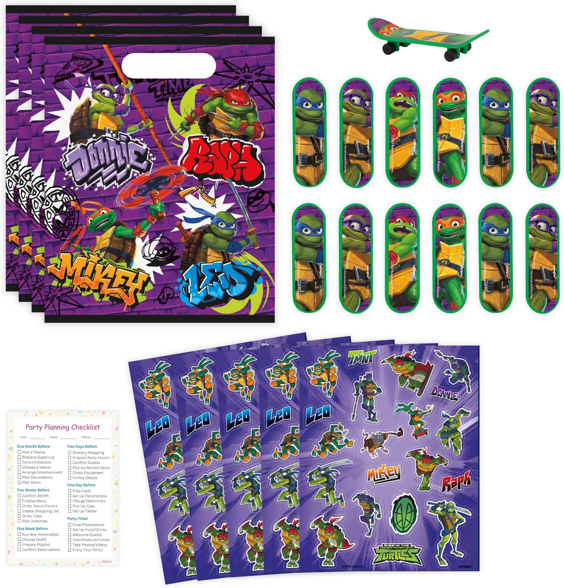 Unique Ninja Turtle Party Favors Pack - 16 Guests - TMNT Party Favor Bags, Sticker Sheets, Mini Skateboards, Checklist - Teenage Mutant Ninja Turtle Party Decorations & Supplies