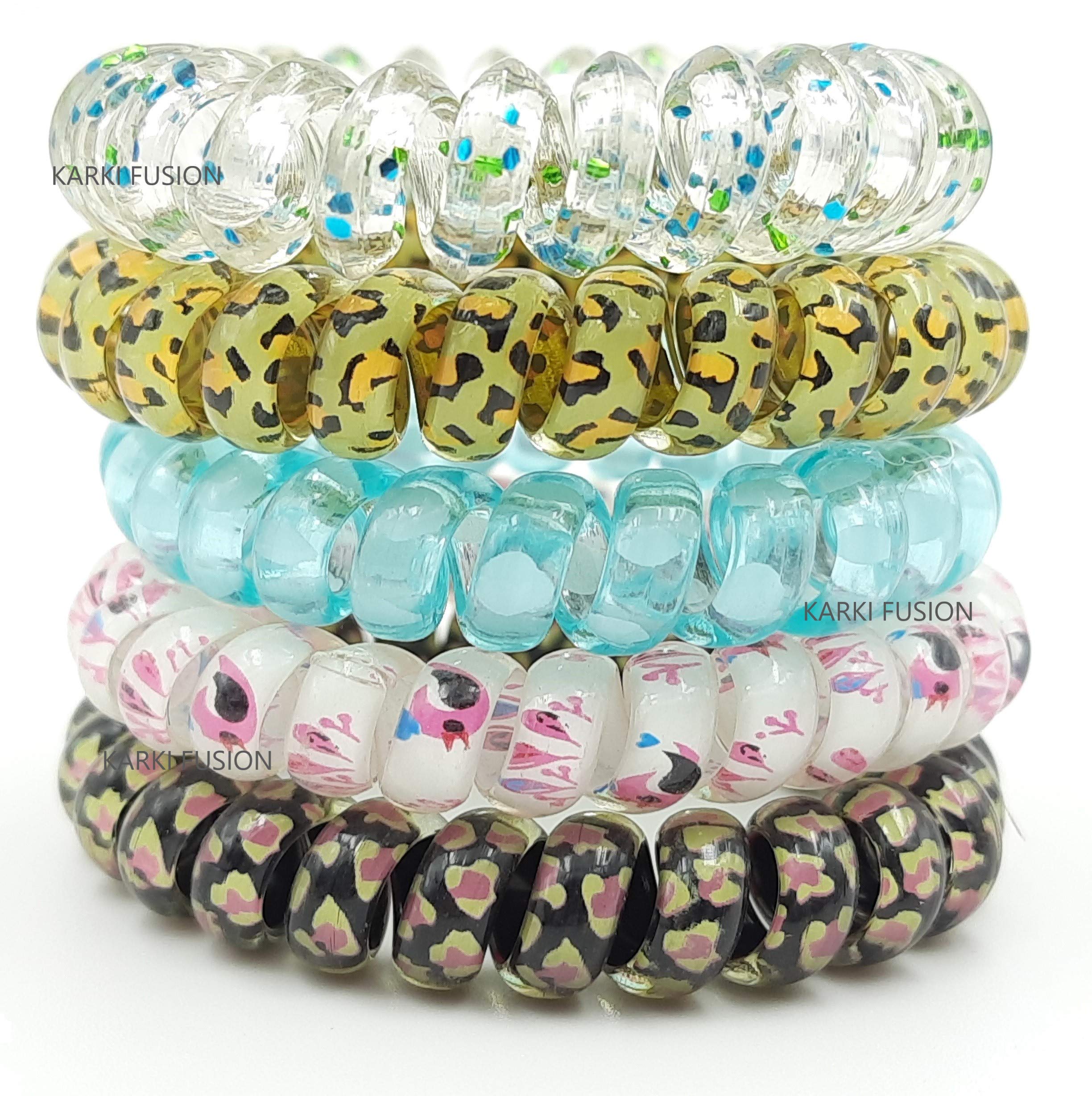 Karki Fusion 5Pcs Colorful Multi Print Spiral Hair Ties No Crease, Traceless Hair Ties, Elastic Coil Hair Ties, Phone Cord Hair Ties, Waterproof Hair Coils for Women Girls, (Mixed Color)(Pack of 5)