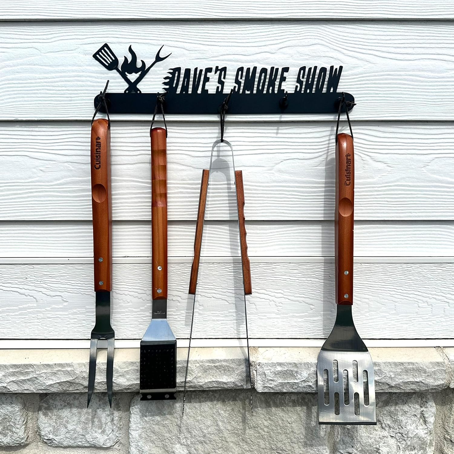 ROCC RUSTED ORANGE CRAFTWORKS CO. Personalized Grill Utensil Holder (Flame) – Custom Metal BBQ Tool Organizer with Magnetic Hooks, Wall-Mounted Outdoor Grill Rack, Gift for Him or Grill Master