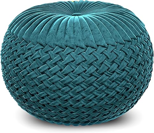 Miniatura 8 de SIMPLIHOME Vivienne Puf redondo bohemio en tela de terciopelo gris para sala de estar, dormitorio y habitación de los niños