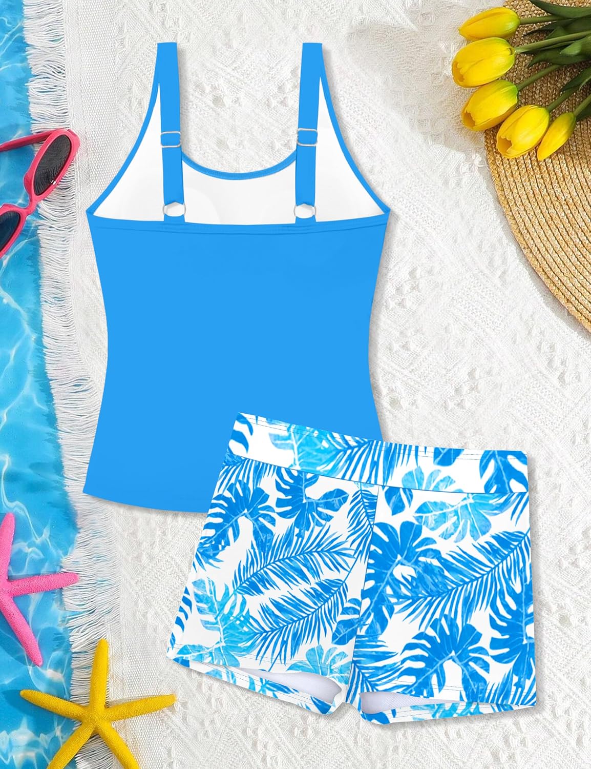 Girls Swimsuit Two Piece Girls Tankini Swimsuit with Tropical Printed Shorts Adjustable Bathing Suit Swimwear 7-18T - Image 8