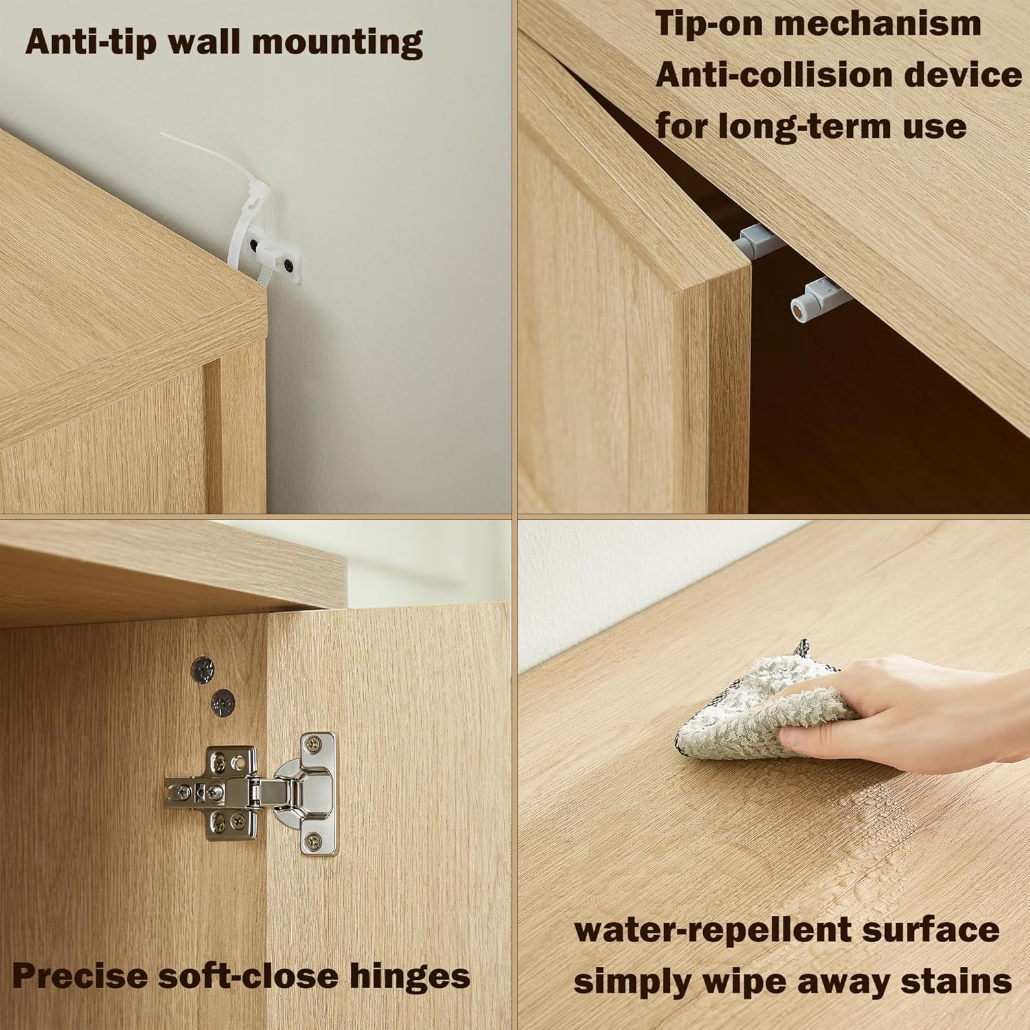 67” Wide Sideboard Buffet Cabinet, Modern Farmhouse Storage Console Table with 4 Soft-Close Doors & Tip-On Opening, Natural Oak Wood Media Console for Dining Room, Living Room, Entryway