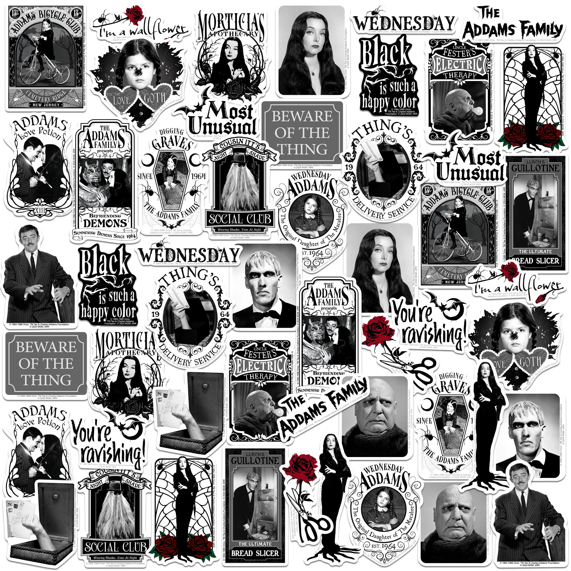 The Addams Family TV Series 50 Count Vinyl Large Deluxe Stickers Variety Pack – Gothic Black & White Character Quote Decals for Laptop, Water Bottle,