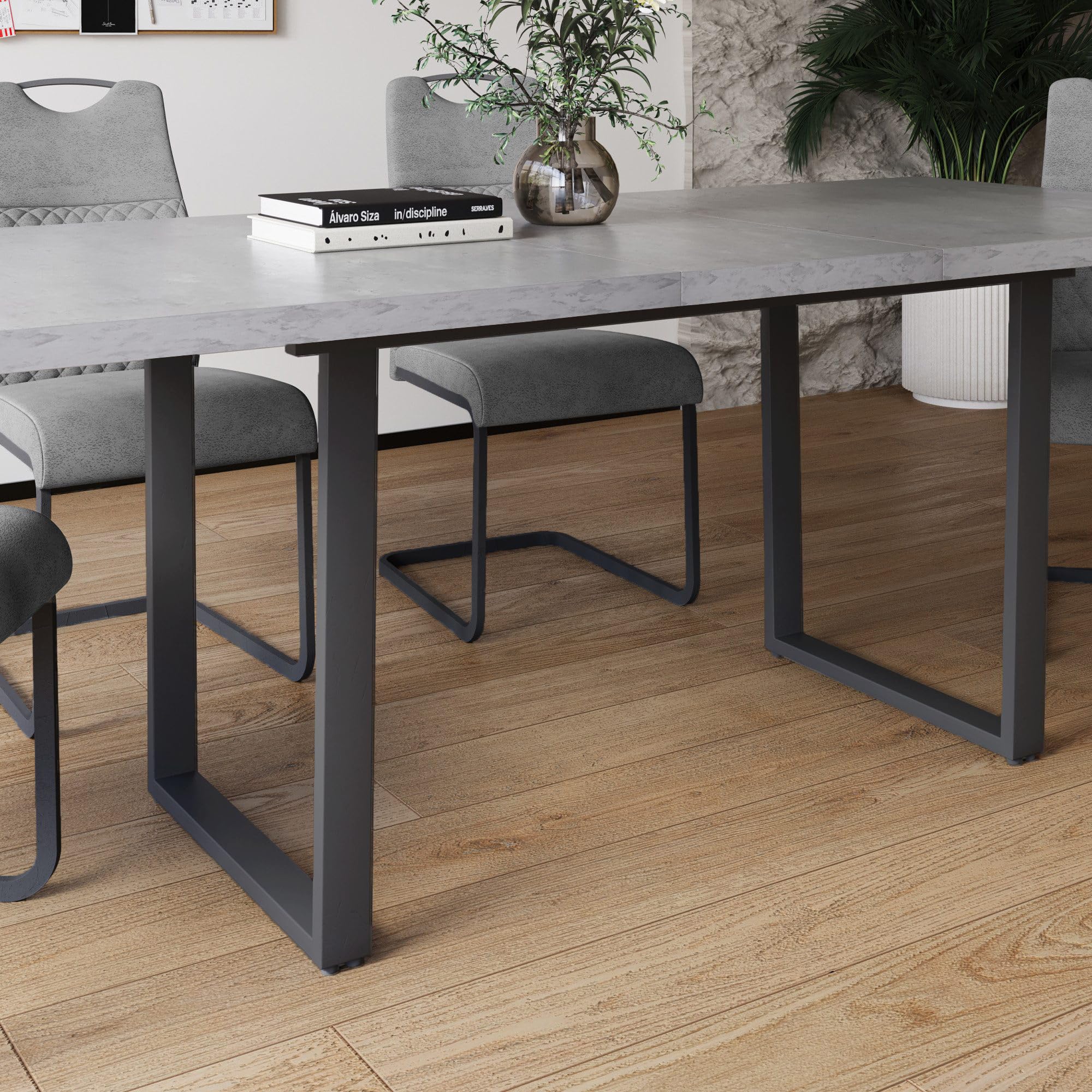 JIEXI - Mesa Extensible de Comedor MDF, 4 – 6 Personas de Cocina de Madera con Estructura metálica para Comedor, Cocina (130-170 cm Mesa de Comedor + 6 sillas Grises - A)