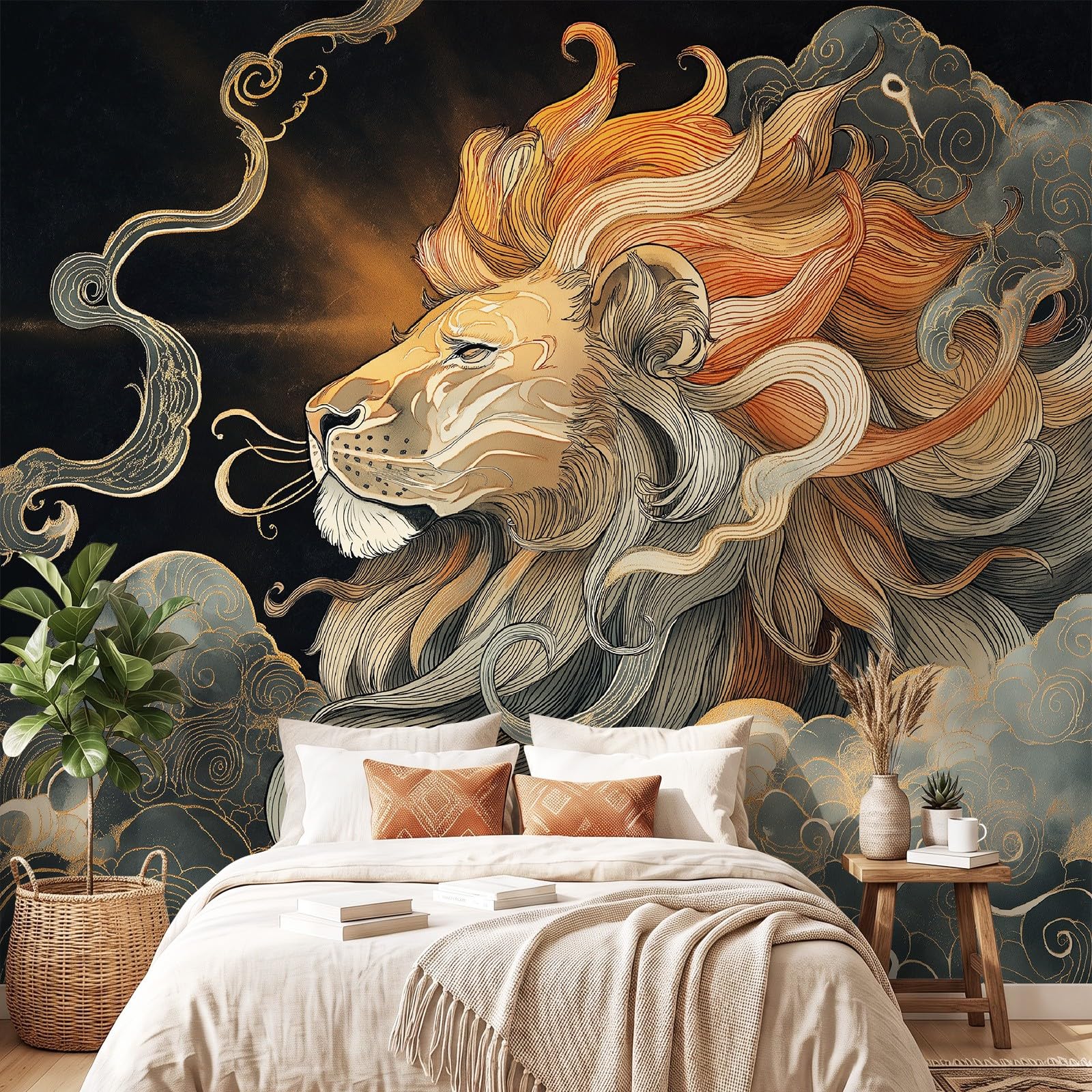 Lion Constellation Swirl Fototapeta z włókniny, fantazyjna tapeta pokrycie ścienne musztardowy żółty do nauki, 250 x 175 cm, sztuka ścienna, salon, sypialnia, dom, biuro, dekoracja plakat