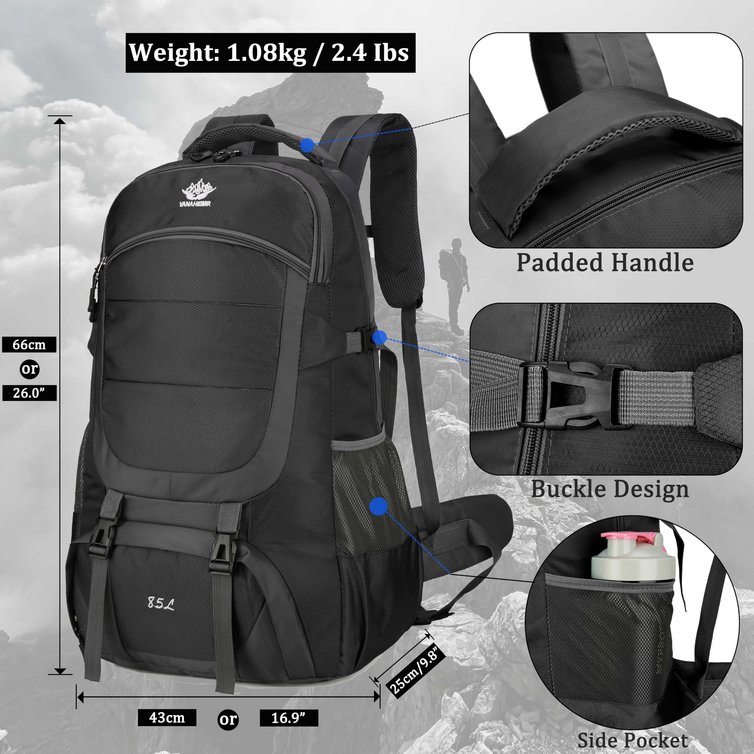 85 l Wanderrucksack, Camping-Rucksack, Jagd-Rucksack für Outdoor, wasserabweisend, taktischer Rucksack für Damen und Herren, Tiefes Blau, Large, Outdoor