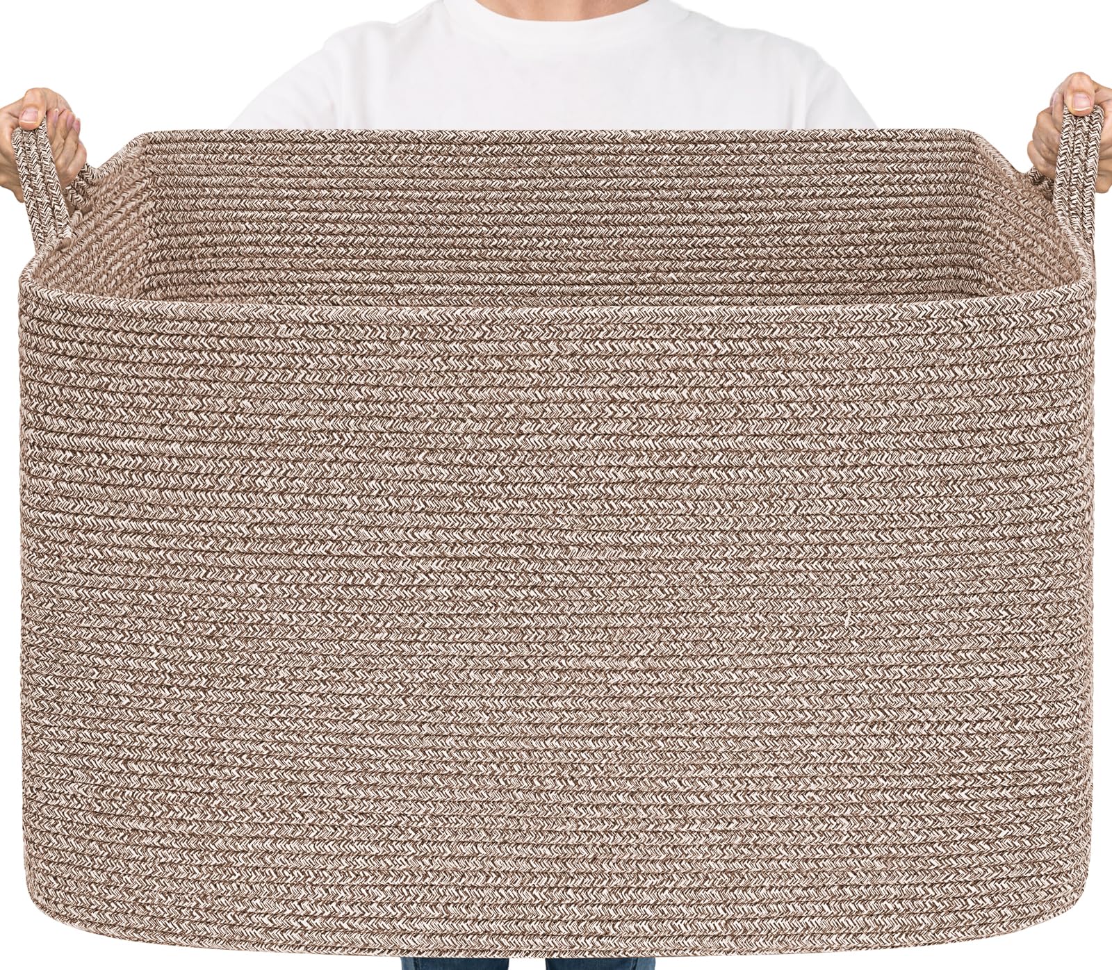 Goodpick 105L Extra Large Woven Rope Blanket Basket, Rectangle, Brown | 25'' x 16'' x 16'' Storage Basket for Blankets, Clothes &amp; Pillows, Living Room &amp; Bedroom Organization, Reinforced Handles