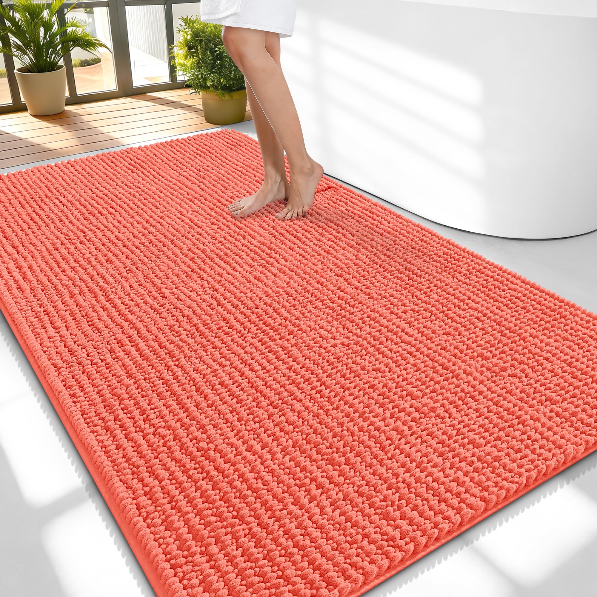 OLANLY Thick Chenille Large Bathroom Rugs 59x35, Absorbent Bath Mat, Coral