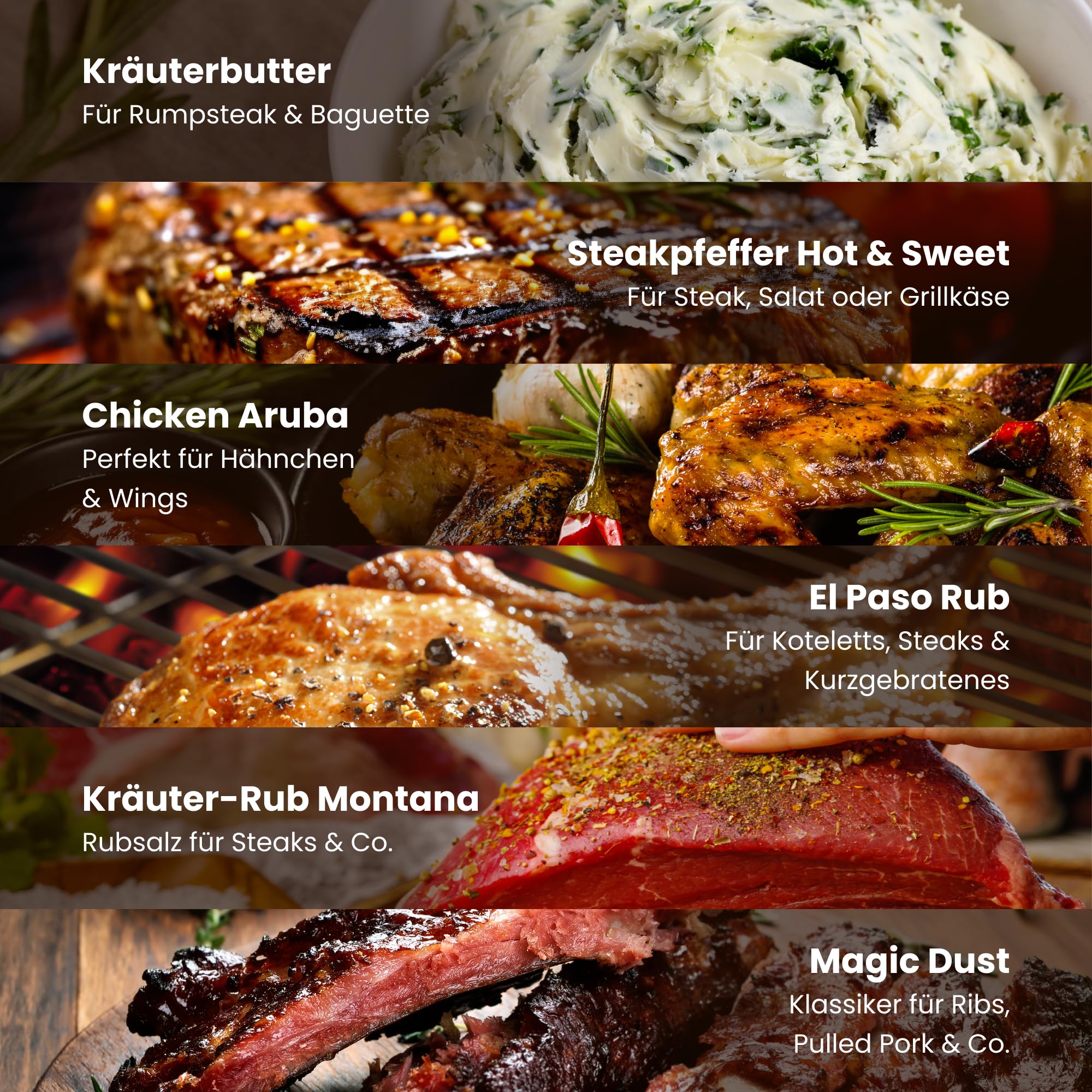 UMBRELLA® Coffret premium d’épices pour barbecue pour homme – 6 épices BBQ bio avec idées de recettes, poivre pour steak, beurre aux herbes et rubs BBQ pour les amateurs de grillades