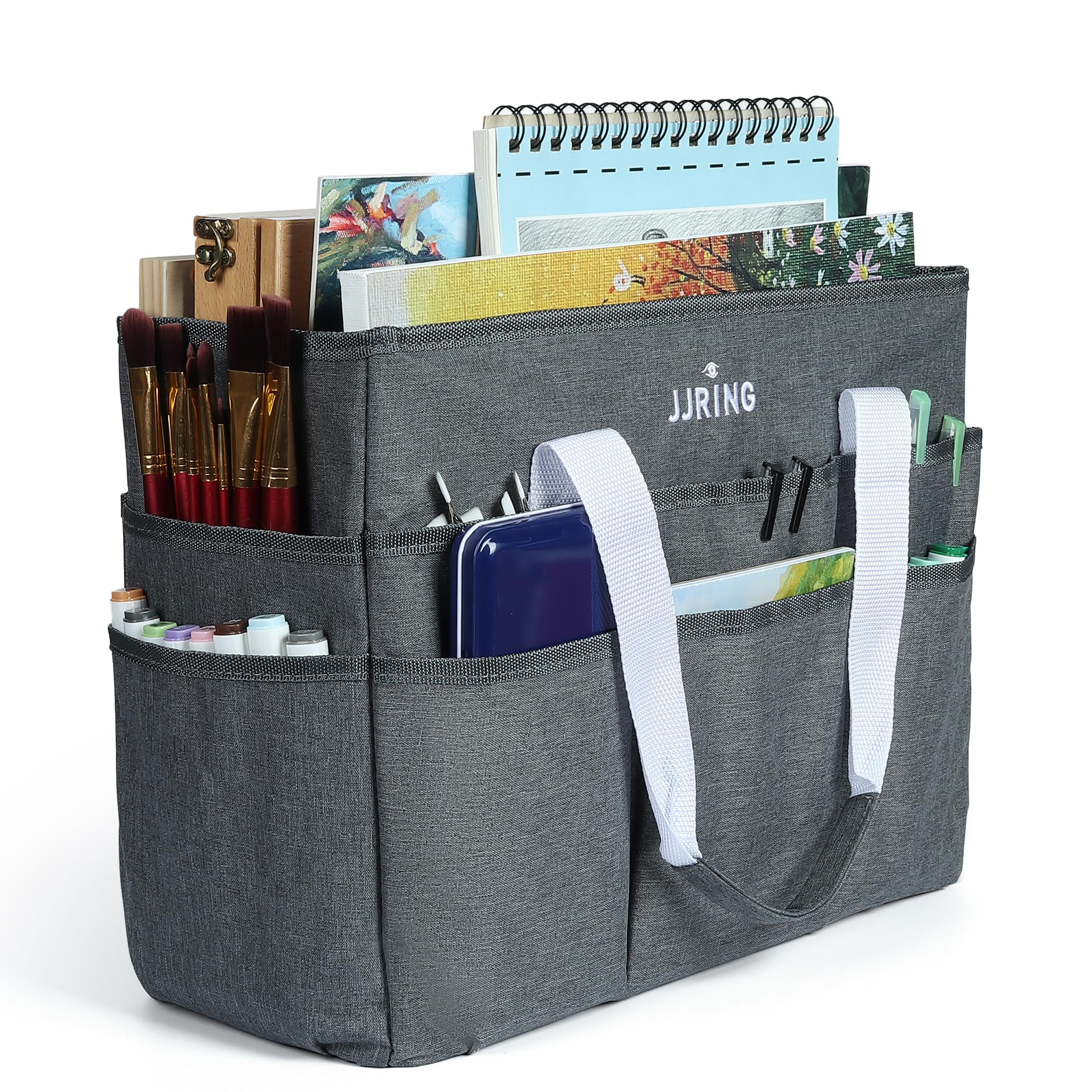 JJRING Craft Organizer Tote Bag, Large Art Storage Caddy with Multiple Pockets, Gray Sewing Bag for Art, Craft, Scrapbooking, School, Medical, and