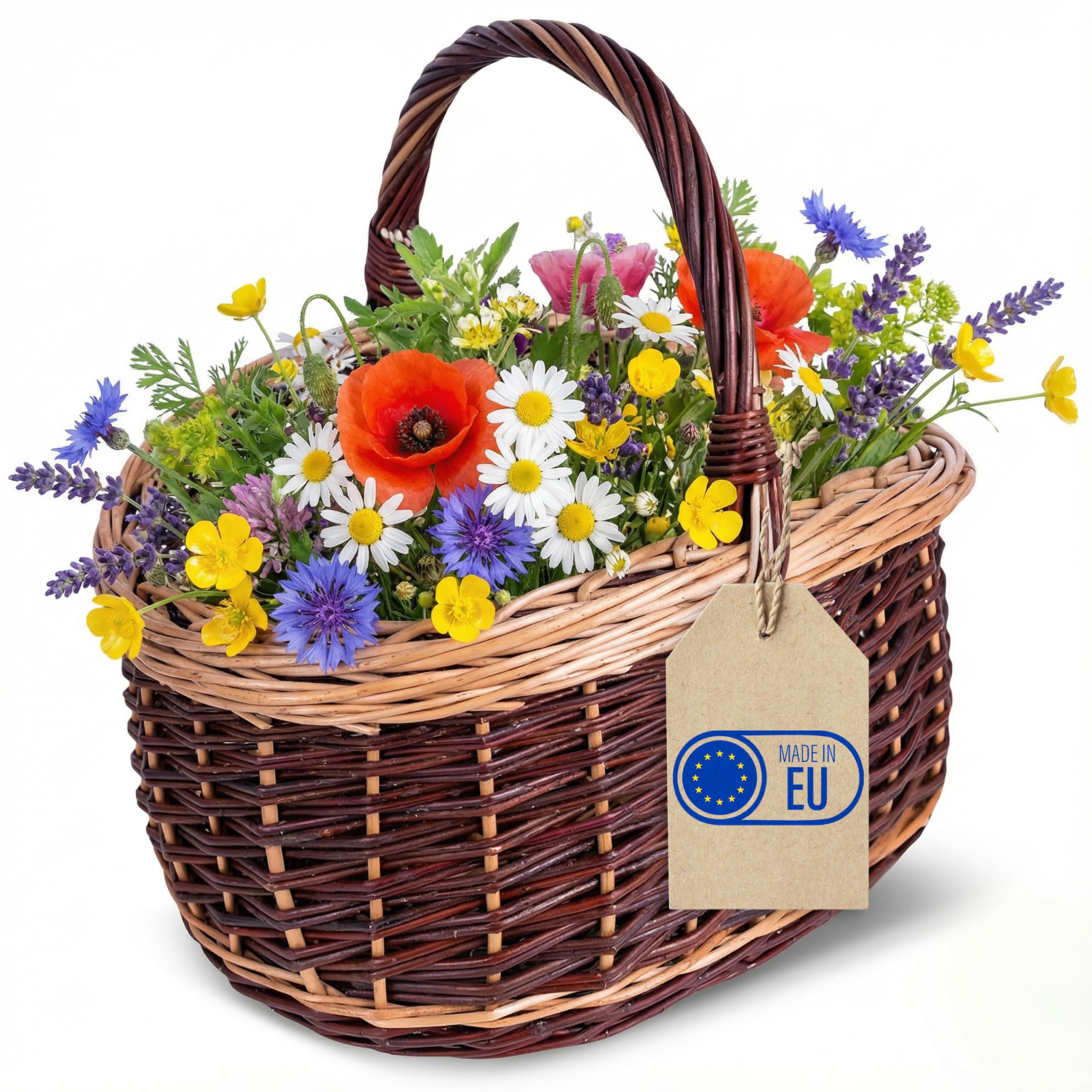 Creative Home Cesta de Mimbre Grande con Asa y Trenza Picnic 43x33x40cm | (+/-1cm) | Ligera | para Setas Compra Regalo Plantas Decoración | Tejida a Mano | Mimbre Claro y Oscuro | Multiuso y Práctica
