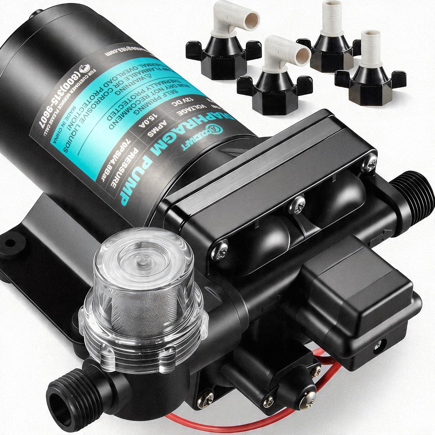 RV Water Pump 12V 5.0 GPM 60 PSI, High Pressure Self Priming Diaphragm Fresh Water Pump with Adjustable Pressure Switch and Strainer, Quiet Automatic Pump for RV Camper Marine Boat Yacht Trailer