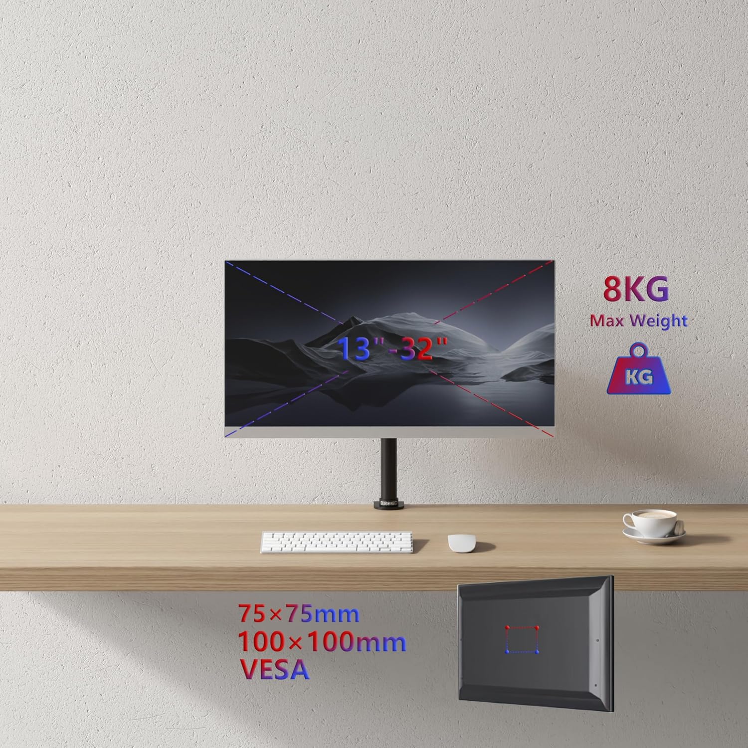 Duronic Single Monitor Arm Stand DM151X1 | Single PC Desk Mount | Black | Steel | Height Adjustable | for One 13-32 LED LCD Screen | VESA 75/100 | 8kg/17.6lb Capacity | Tilt -15°/+15°, Rotate 360°