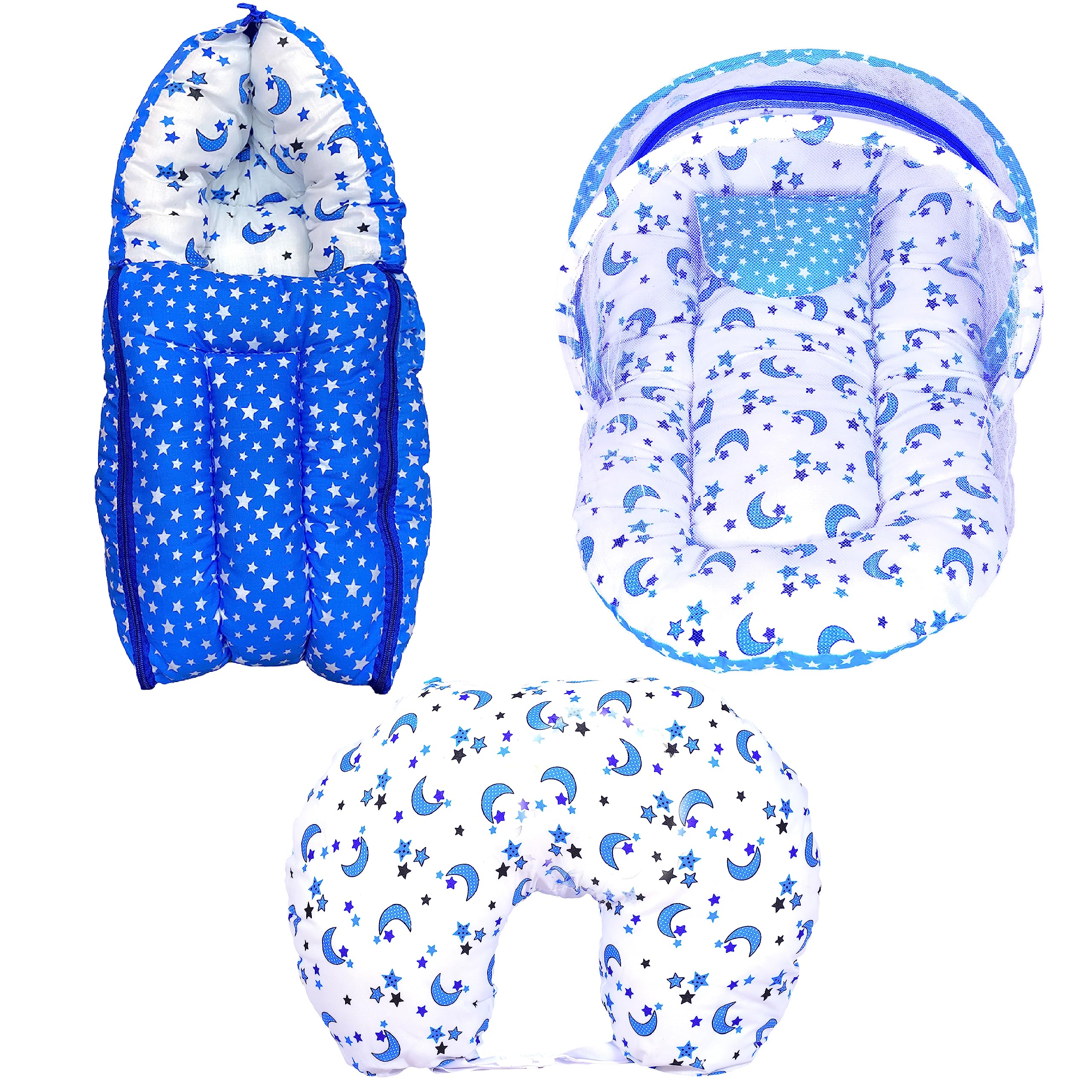 Kid's Charm Star-Moon 3 PCS Combo Set |3 in 1 Baby's Cotton Bed Cum Carry Bed|5 in 1 Baby's Cotton Breast Feeding Pillow with Safety Belt|2 in 1 Baby's Cotton with Mosquito Net for 4-8 Months (Blue)
