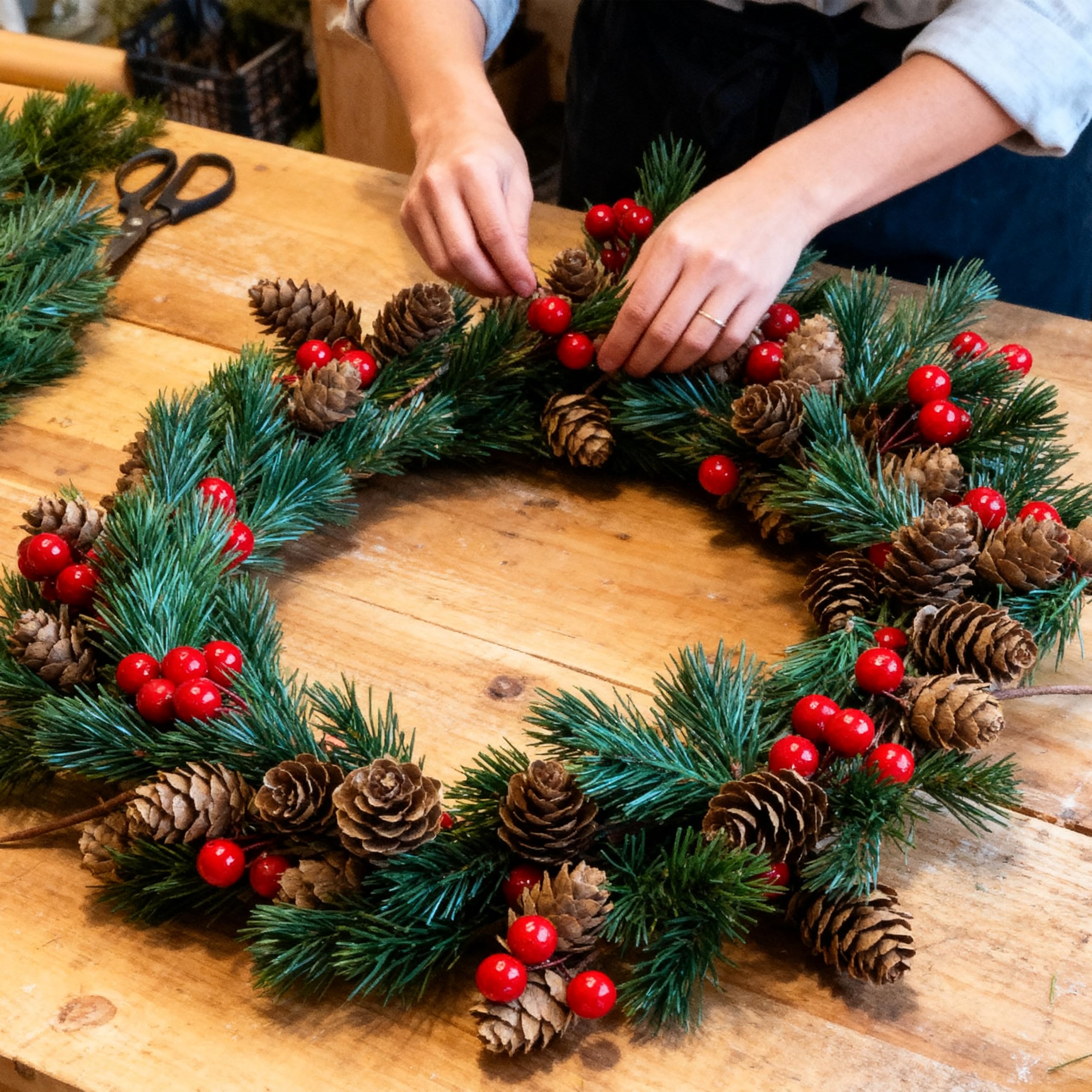 Künstliche Tannenzapfen mit Tannennadeln, Zweigen und roten Beerenstielen – 8,9 cm kleine künstliche Beeren, Tannenzapfen zum Basteln, für Weihnachtsbaum, Weihnachtskranz, Dekoration, 24 Stück