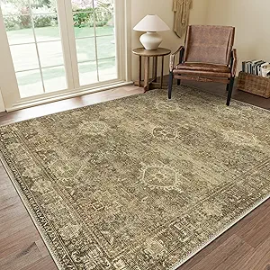 GENIMO 8X10 Area Rugs for Living Room, Machine Washable Non Slip Vintage Floral Patchwork Rug, Thin Low Pile Chenille Carpet Rugs for Bedroom, Dining Room, Straw