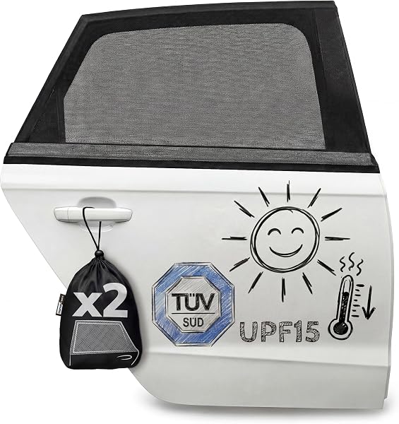 Upgrade4cars 2 x Parasole Auto per Bambini con Protezione UV Certificato TÜV UPF 15 | Pellicola Sottile Rete per Finestrini Laterali | Oscurante Interno Finestrini Auto Bambini - 1
