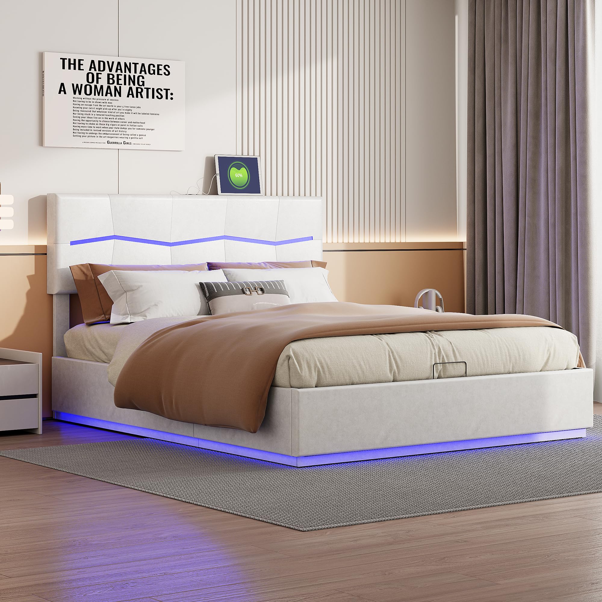 Letto Matrimoniale Imbottito 160x200 Cm, Letto Contenitore Con 3 Cassetti Con Usb E Led Velluto Grigio 1